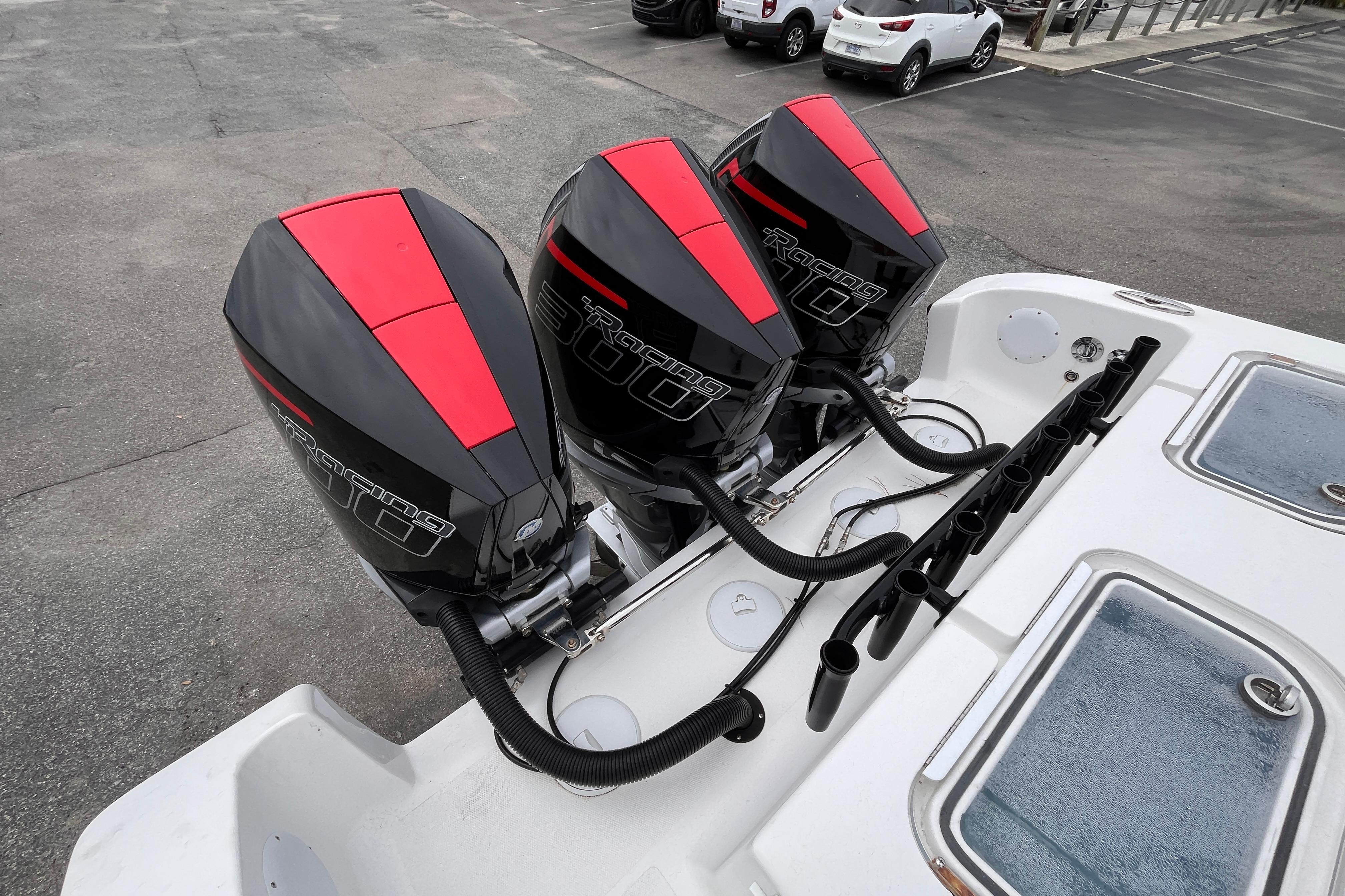 Triple outboard engines on 2024 Fountain 34 Tournament Edition boat.
