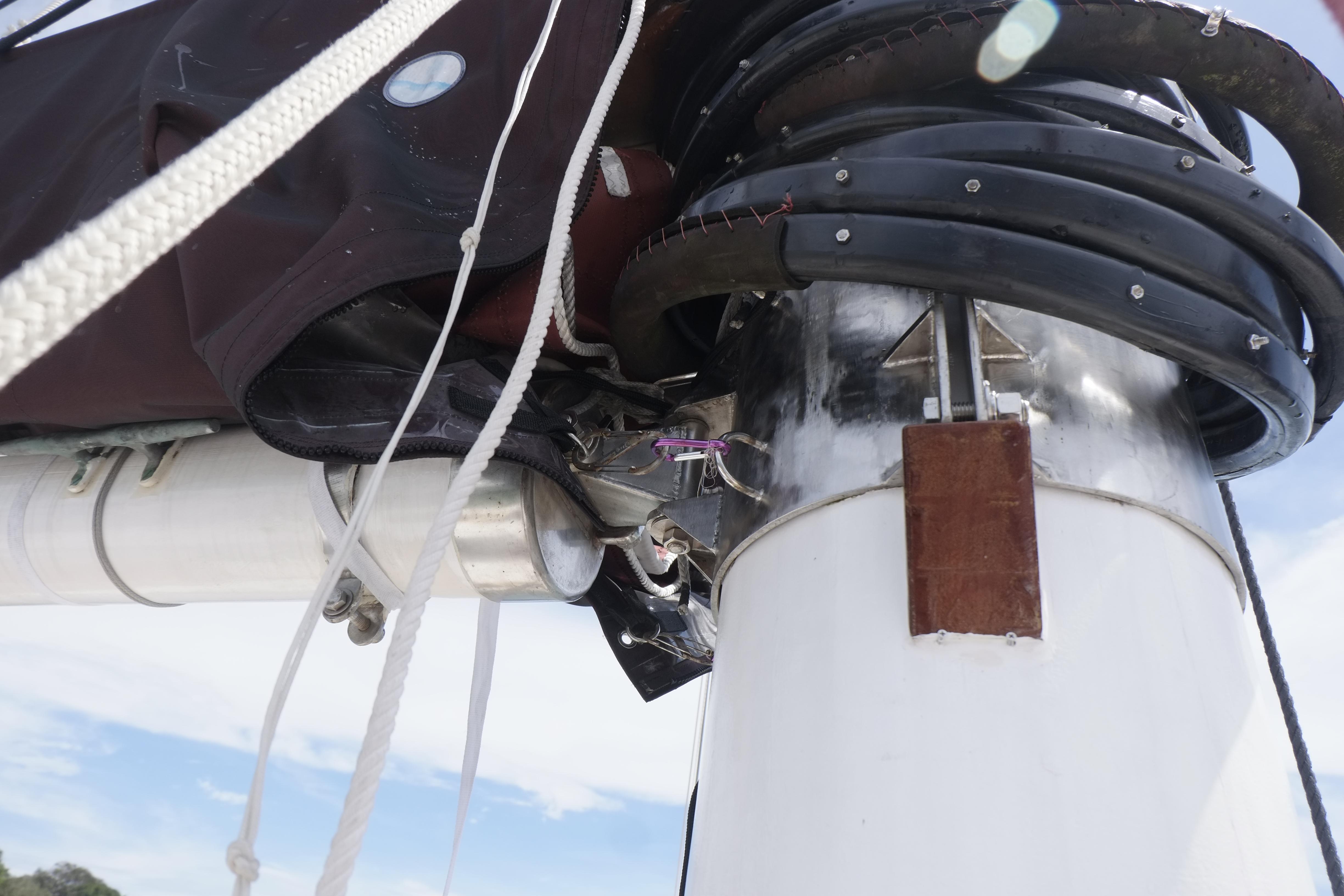 Close-up of rigging on a 2006 Custom Bud Macintosh schooner sailboat.