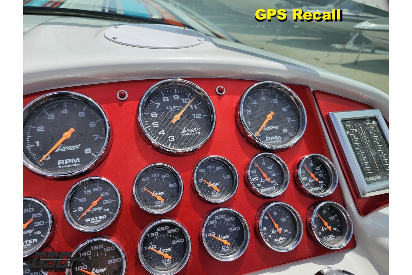 Dashboard of a 2002 Formula 382 FASTech boat with Livorsi gauges and GPS recall.