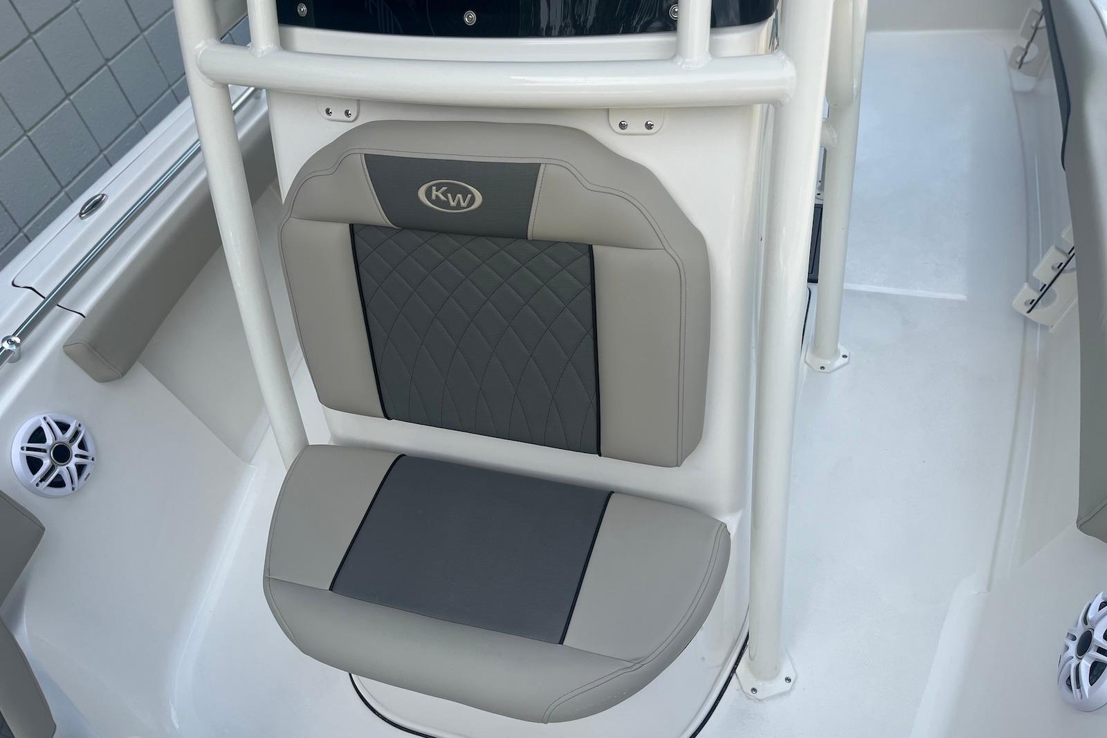 2026 Key West 219 FS boat seat with gray and beige upholstery.