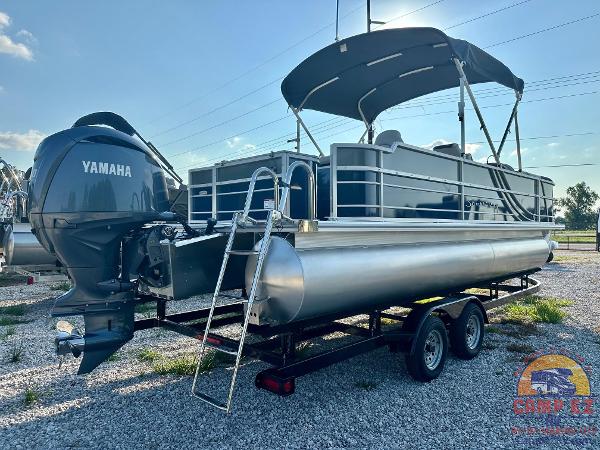 2025 South Bay 224FCR LE pontoon boat with Yamaha outboard motor on trailer.
