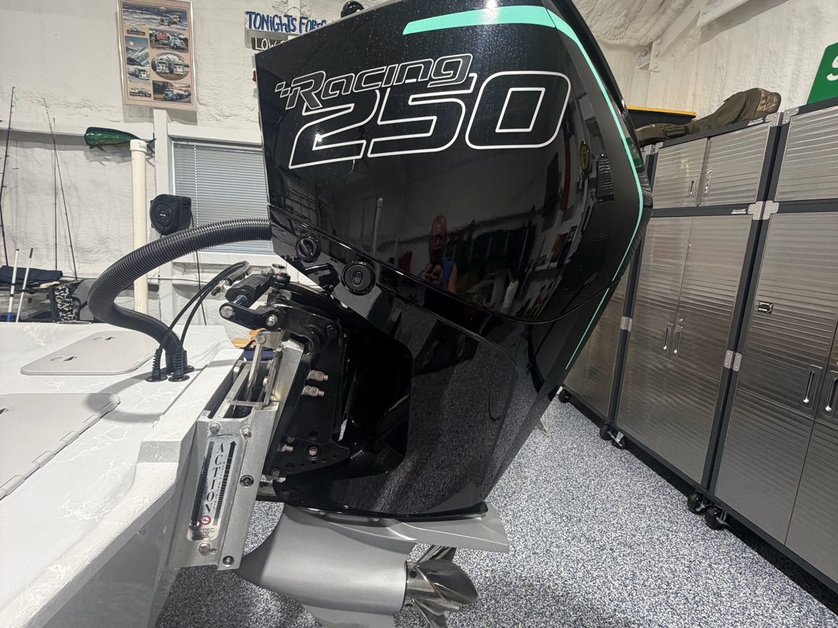 A powerful outboard motor labeled "Racing 250" is mounted on a boat.