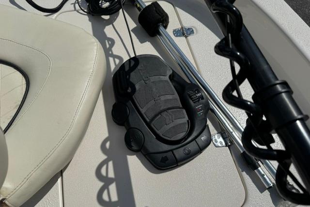 2023 Carolina Skiff 192 JLS boat interior with control panel and seat detail.