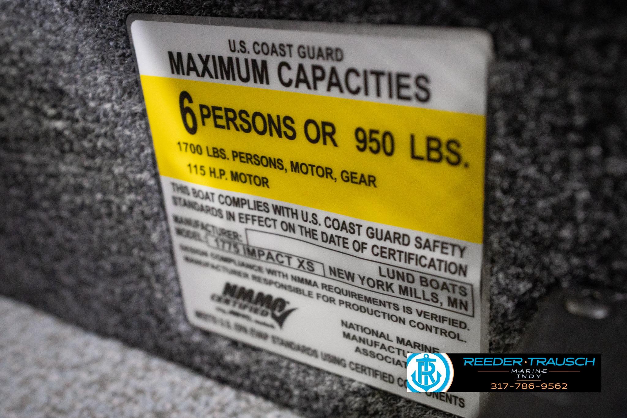 2026 Lund 1775 Impact XS SS capacity label, 6 persons or 950 lbs, 115 HP motor.