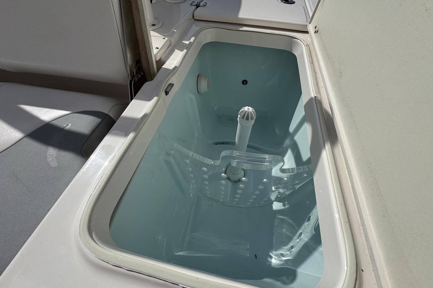 Livewell compartment on a 2021 Robalo 246 Cayman boat, open and empty.