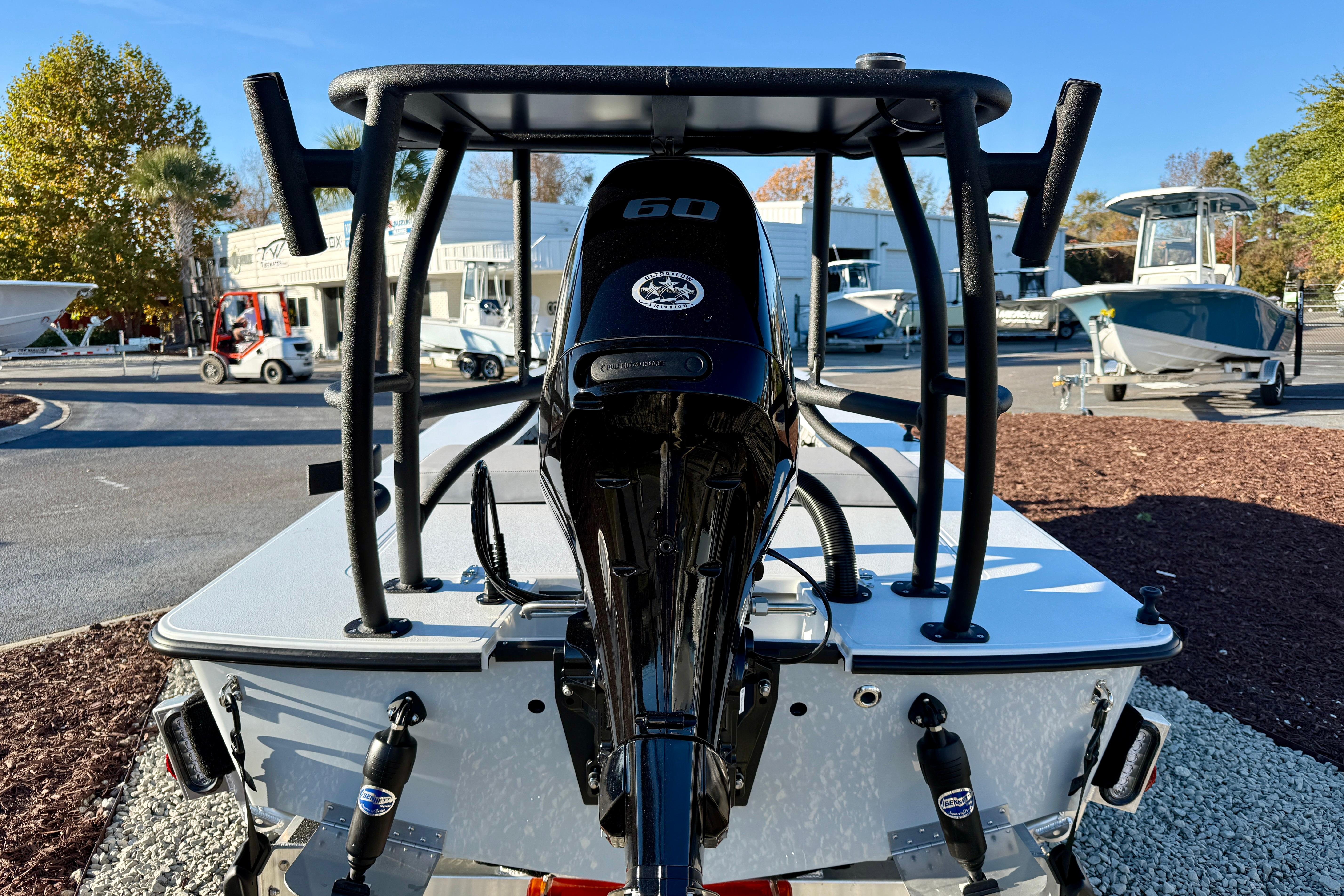 2026 East Cape EVO 17V boat with powerful outboard motor, displayed outdoors.