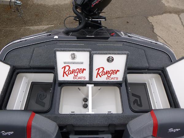 2025 Ranger Z519R Cup-Equipped boat interior with storage compartments and branding.