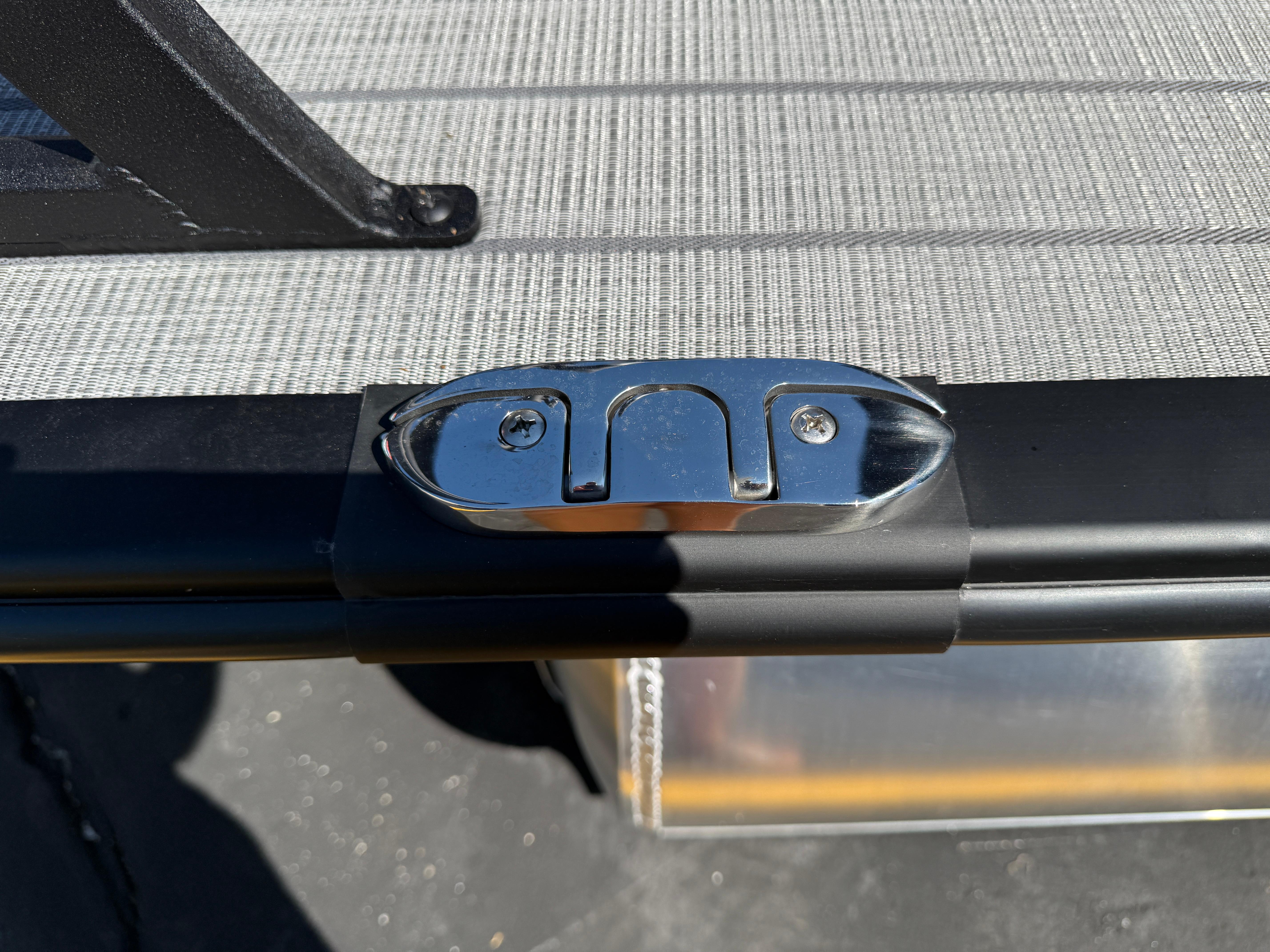 Close-up of a 2026 Bentley Pontoons Legacy 223 Navigator deck detail.