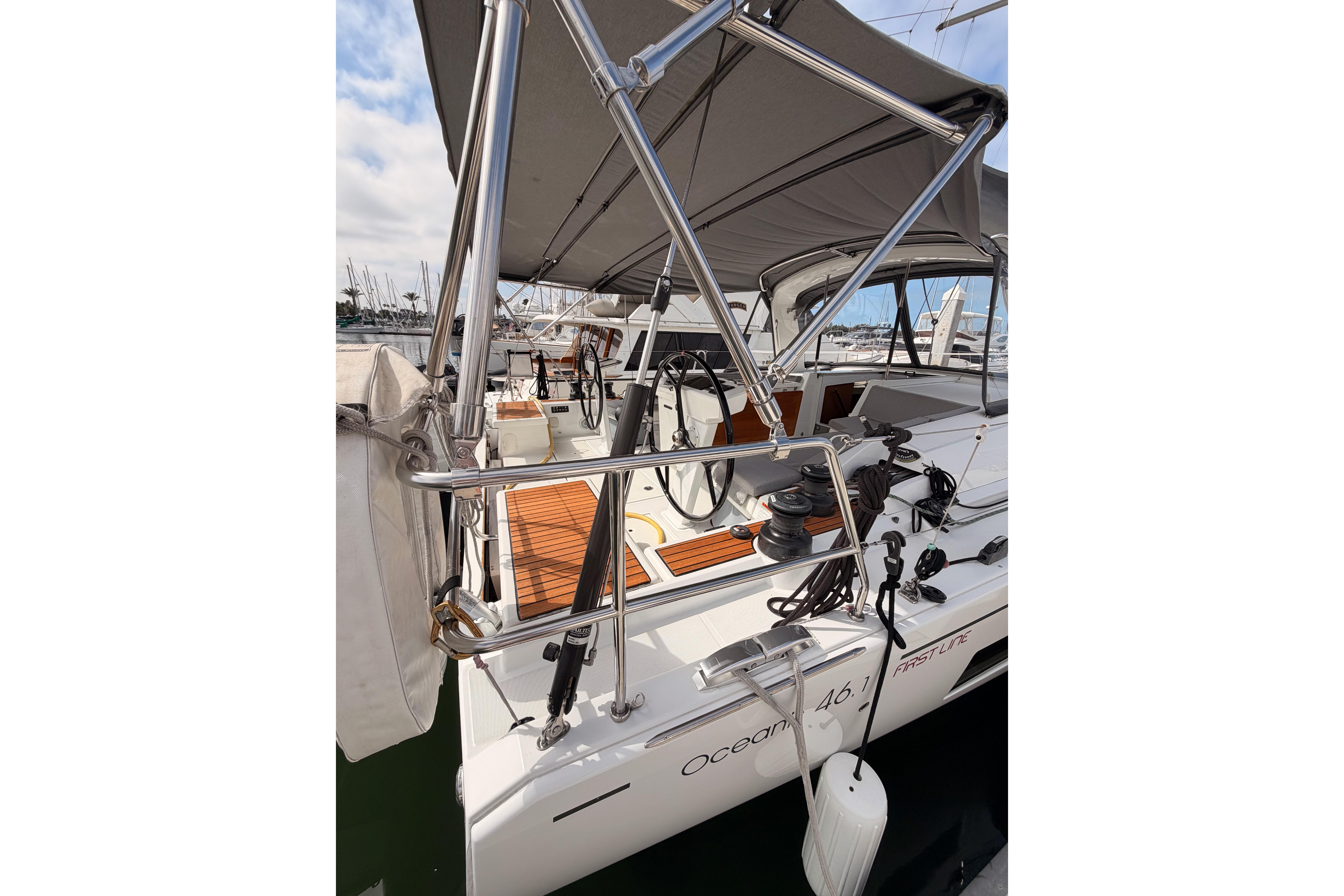 2020 Beneteau Oceanis 46.1 yacht with sleek deck and modern fittings in marina.