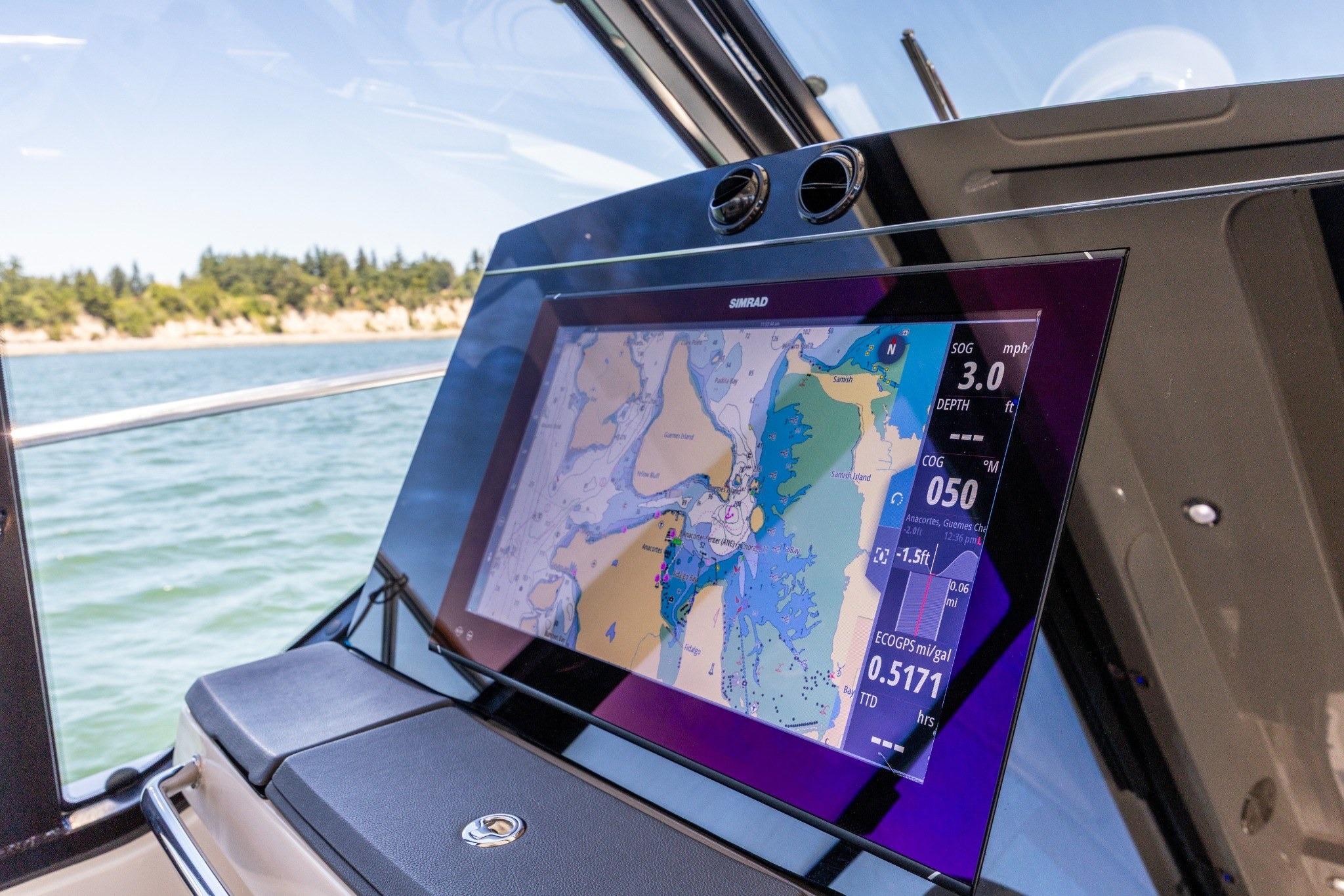 Navigation display on 2023 Boston Whaler 405 Conquest, showing detailed marine map.