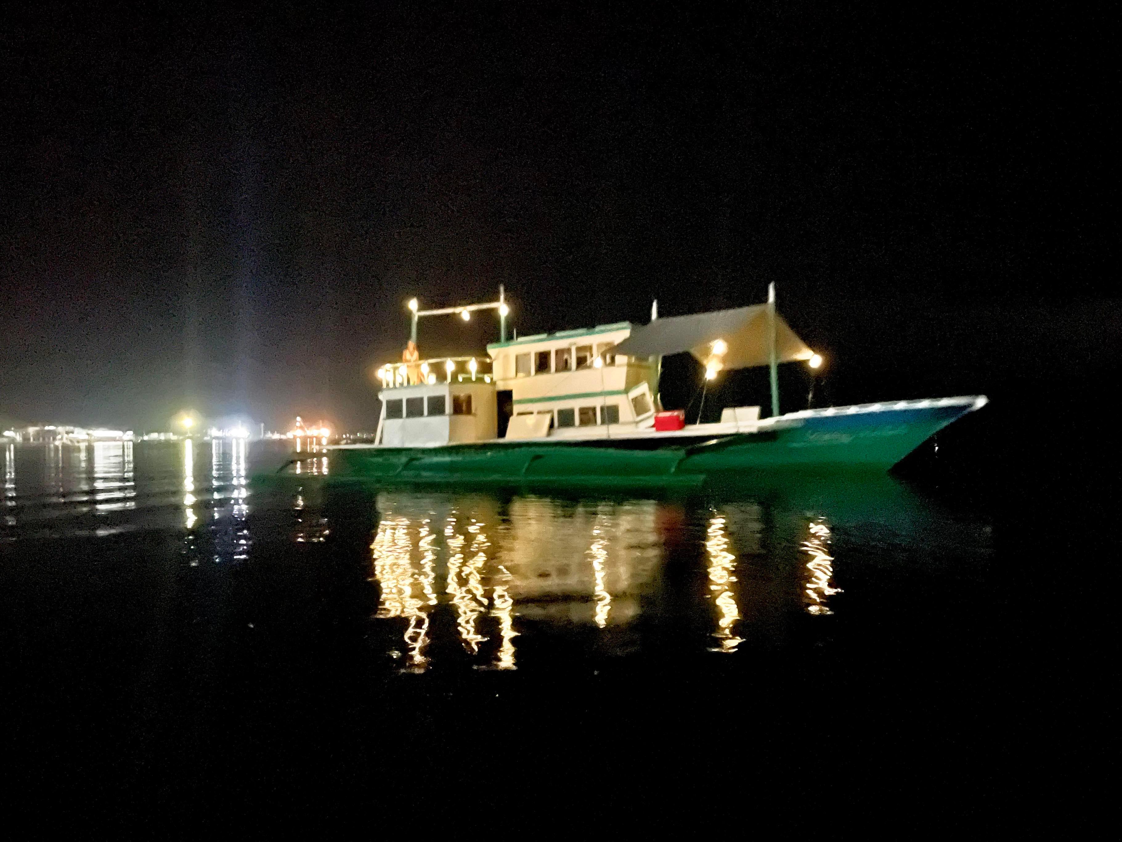 Phinisi Custom Pleasure Cruiser or Dive Boat 2016 illuminated at night on calm waters.