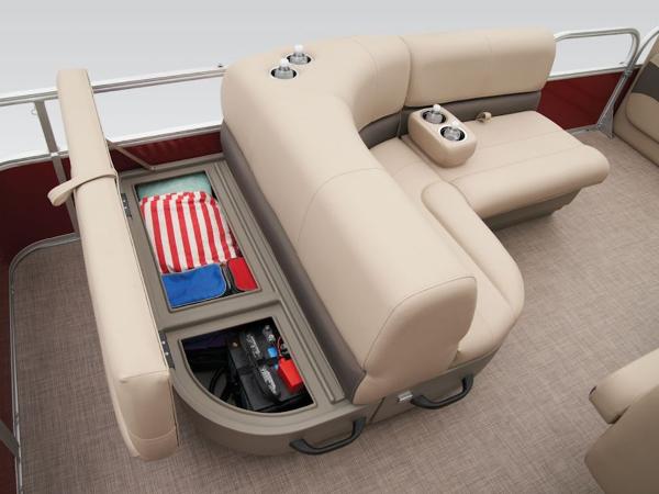 2024 Sun Tracker PARTY BARGE® 18 DLX interior with storage and seating.