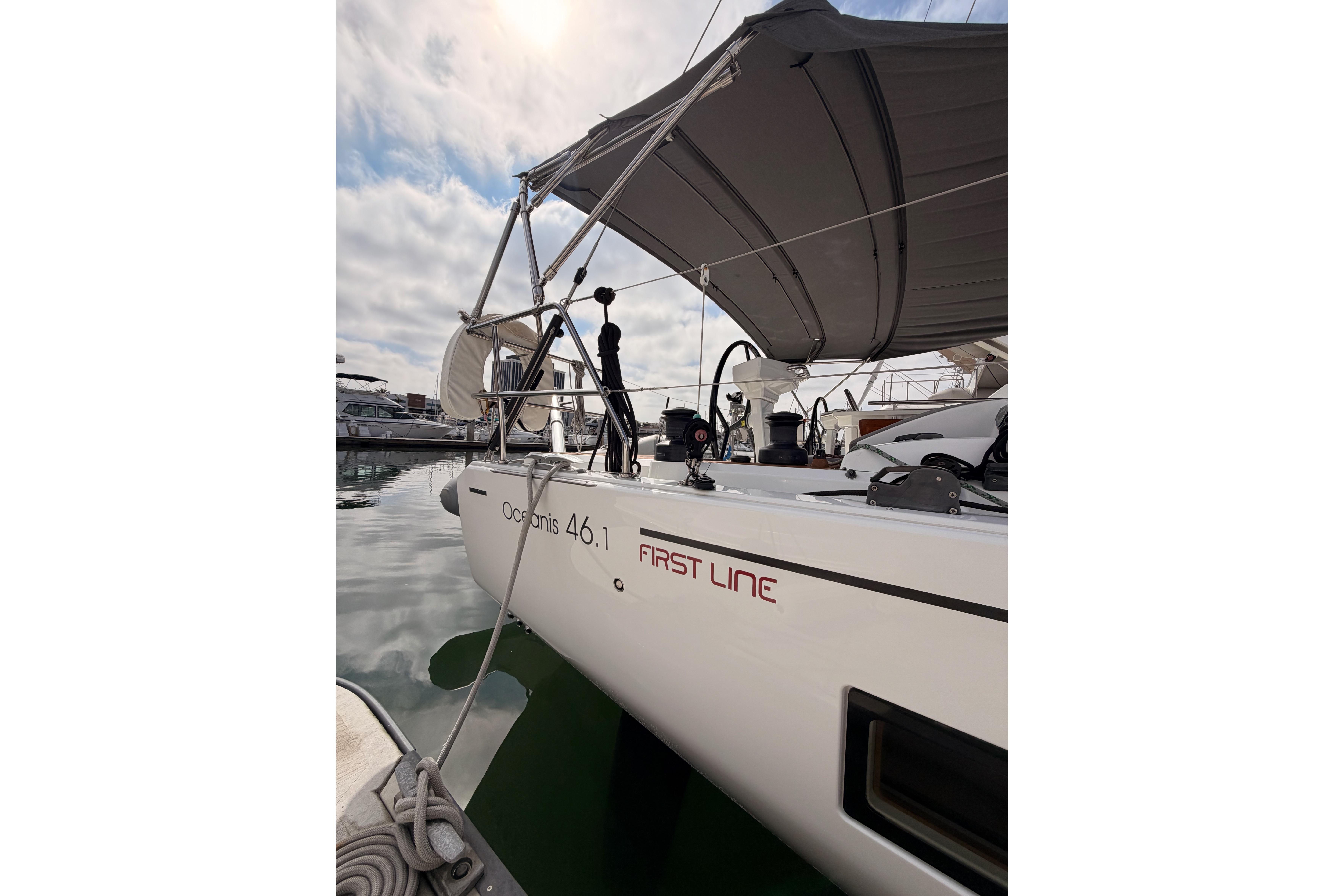 2020 Beneteau Oceanis 46.1 sailboat docked, featuring sleek design and spacious deck.