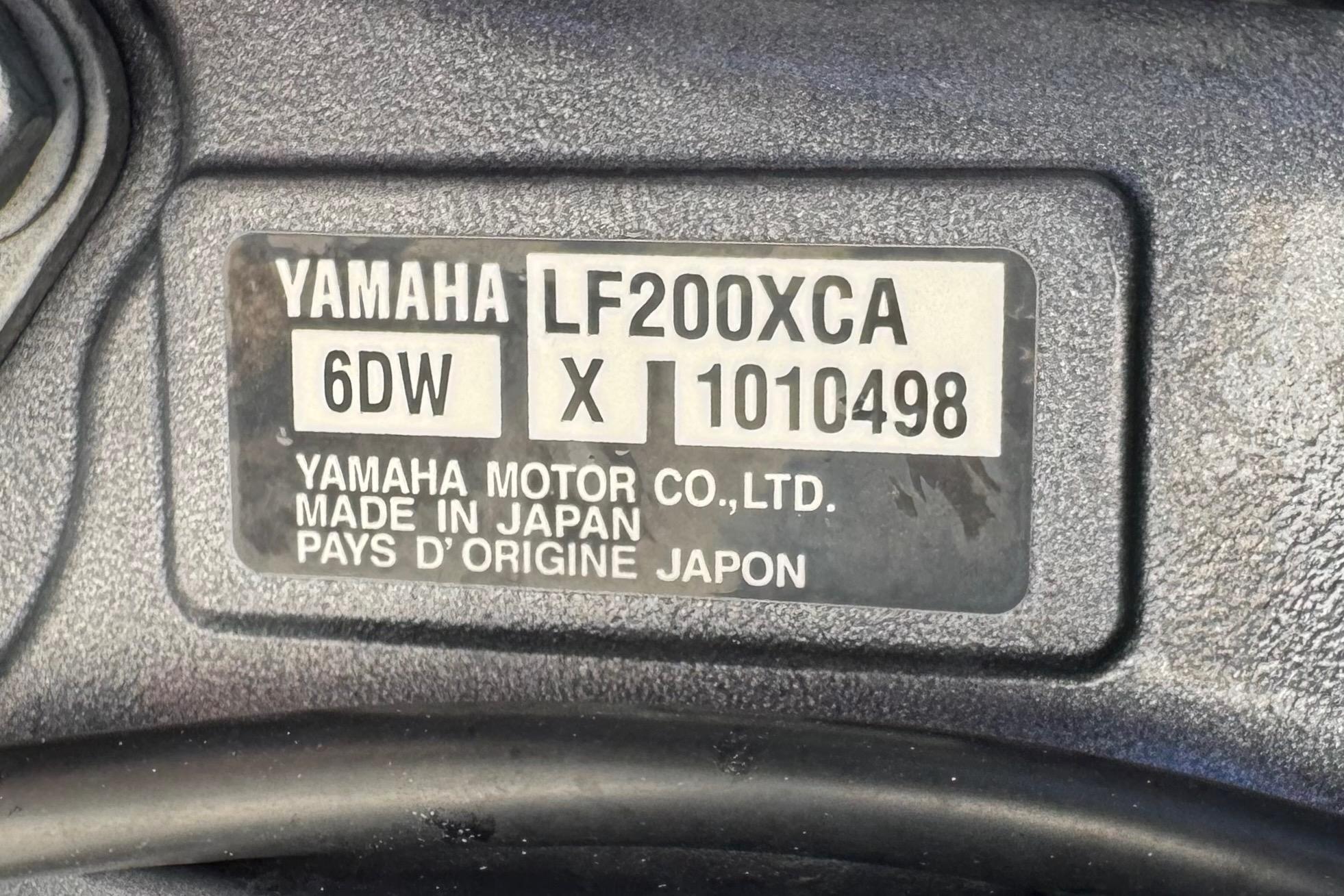 Yamaha LF200XCA engine label on 2022 Pursuit DC 266 Dual Console boat.
