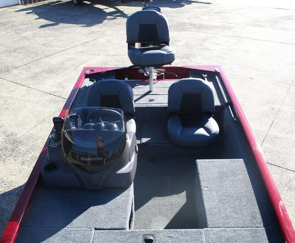 2025 Tracker Pro 170 boat interior with seating and steering console.