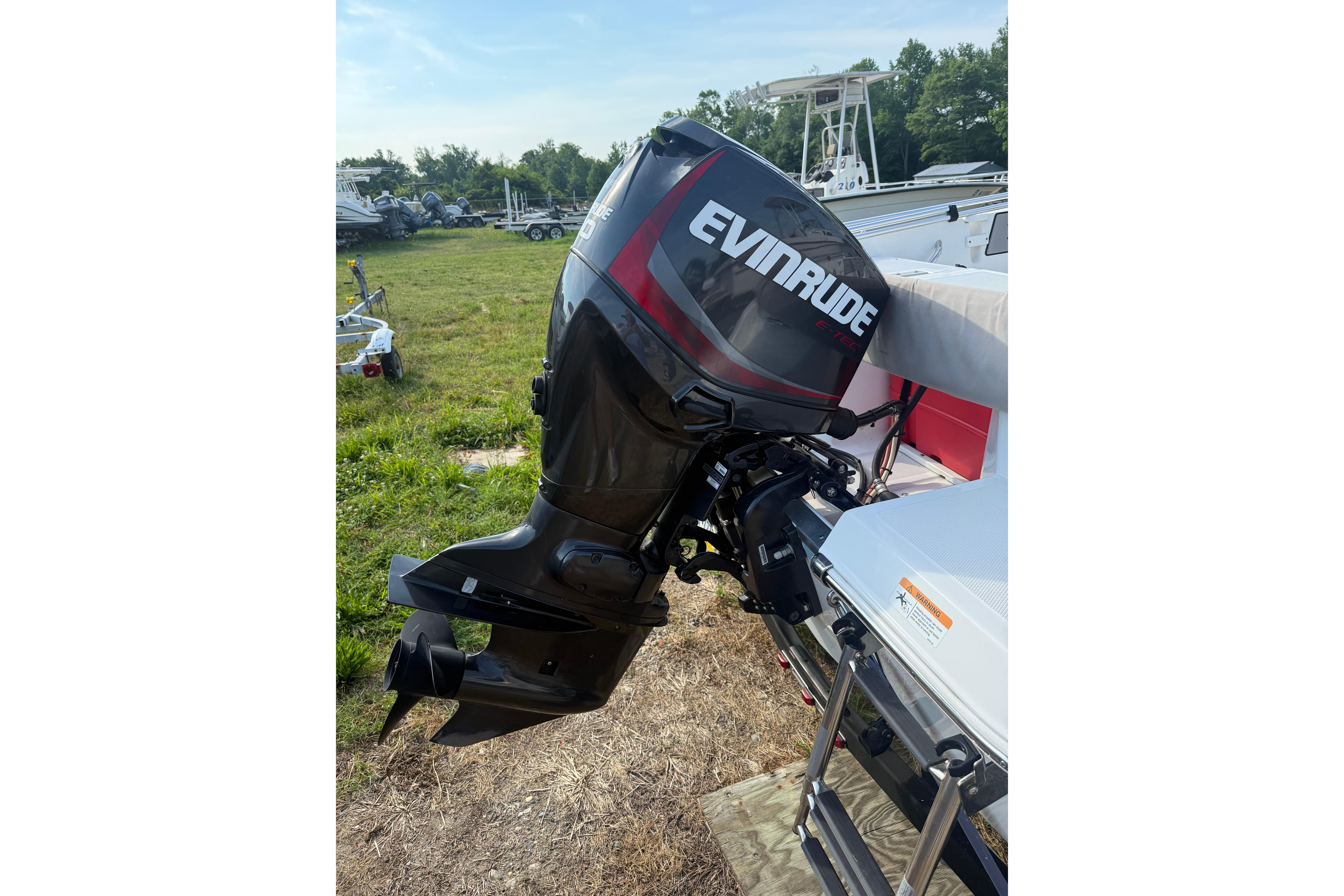 2020 Wellcraft 162 Fisherman with Evinrude outboard motor in grassy area.