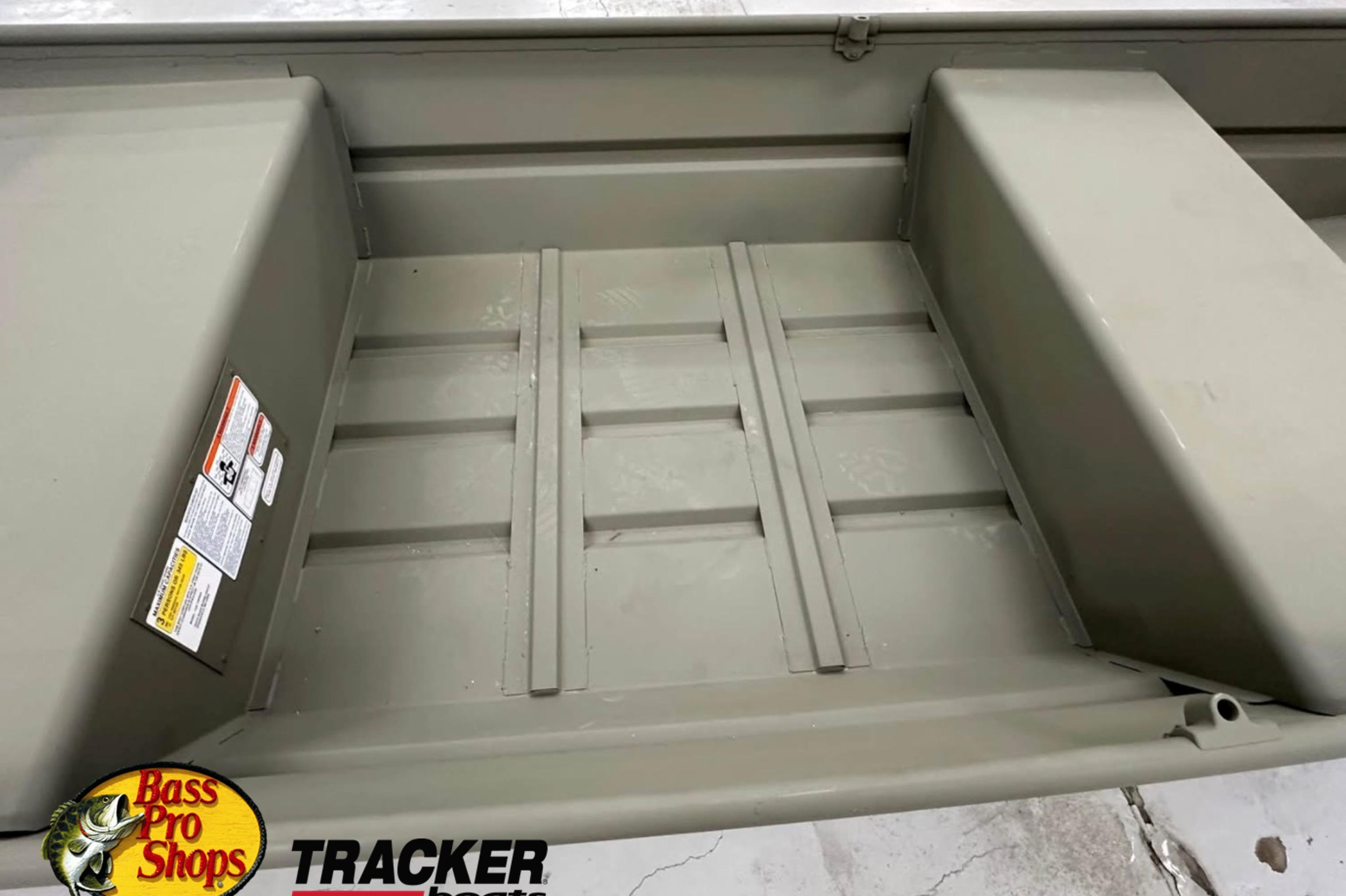 2026 Tracker Grizzly 14 Jon boat interior with Bass Pro Shops logo.
