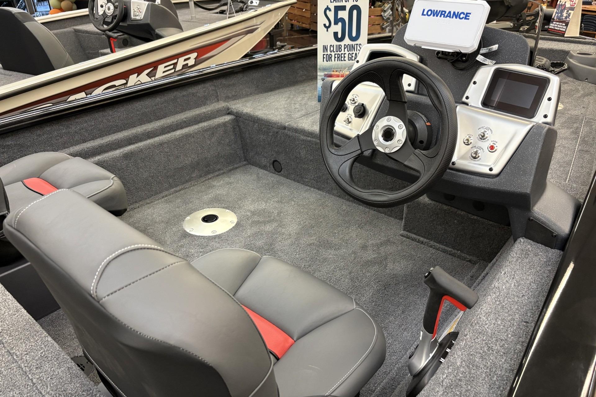 2026 Tracker Pro Team 175 Crappie Edition boat interior with steering wheel and controls.