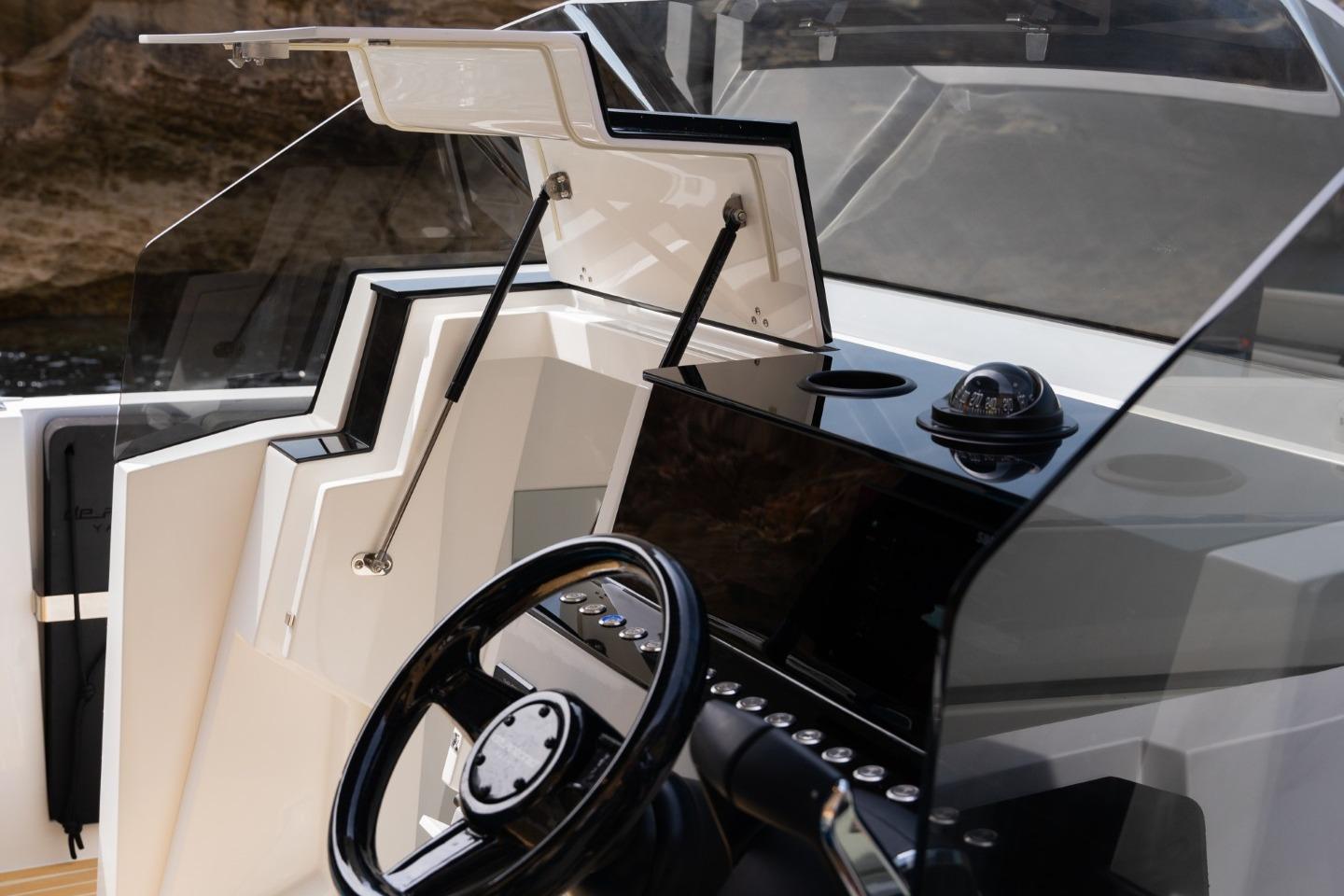 Helm of 2026 De Antonio Yachts D29, featuring sleek design and modern controls.