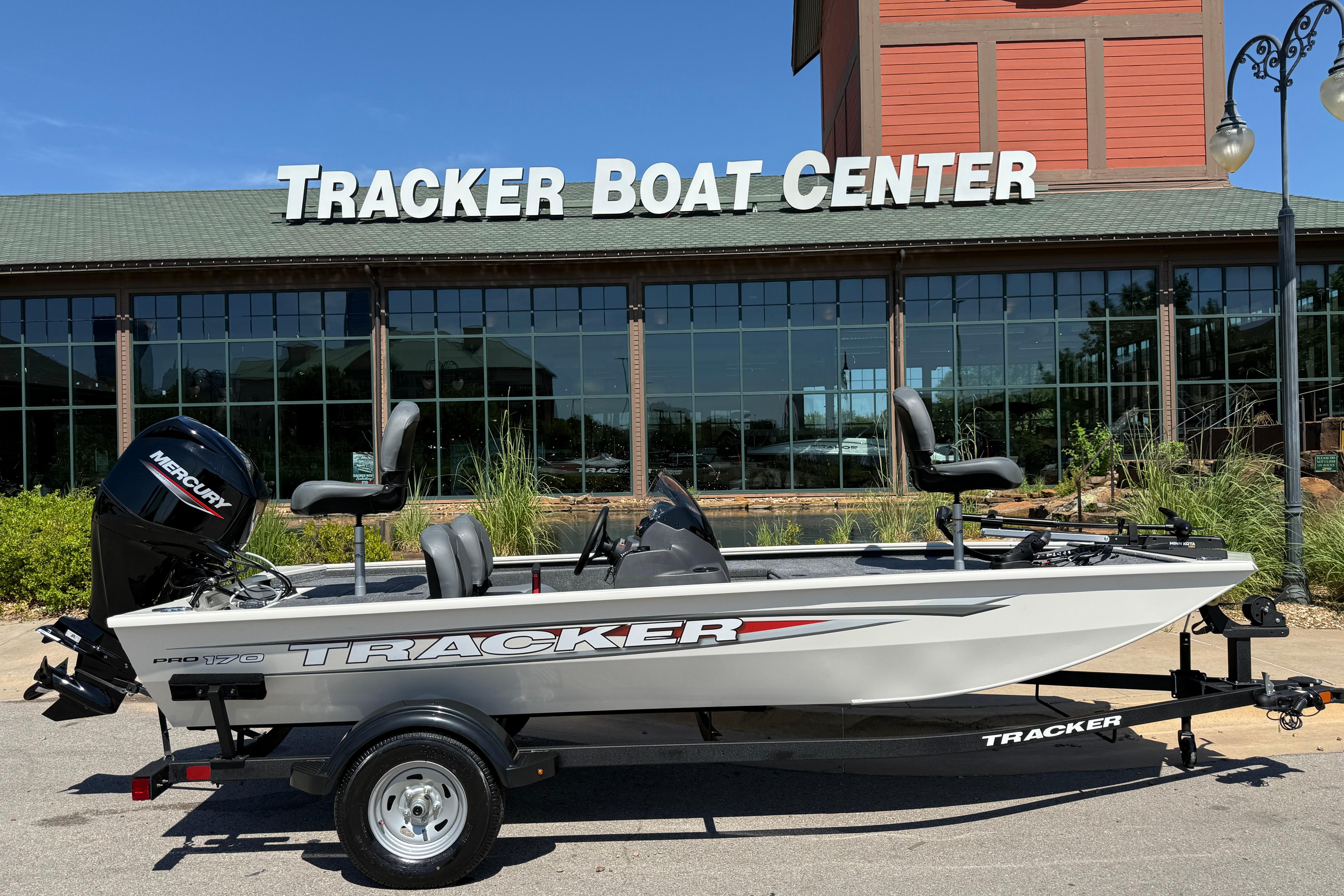 2026 Tracker Pro 170 boat displayed at Tracker Boat Center dealership.