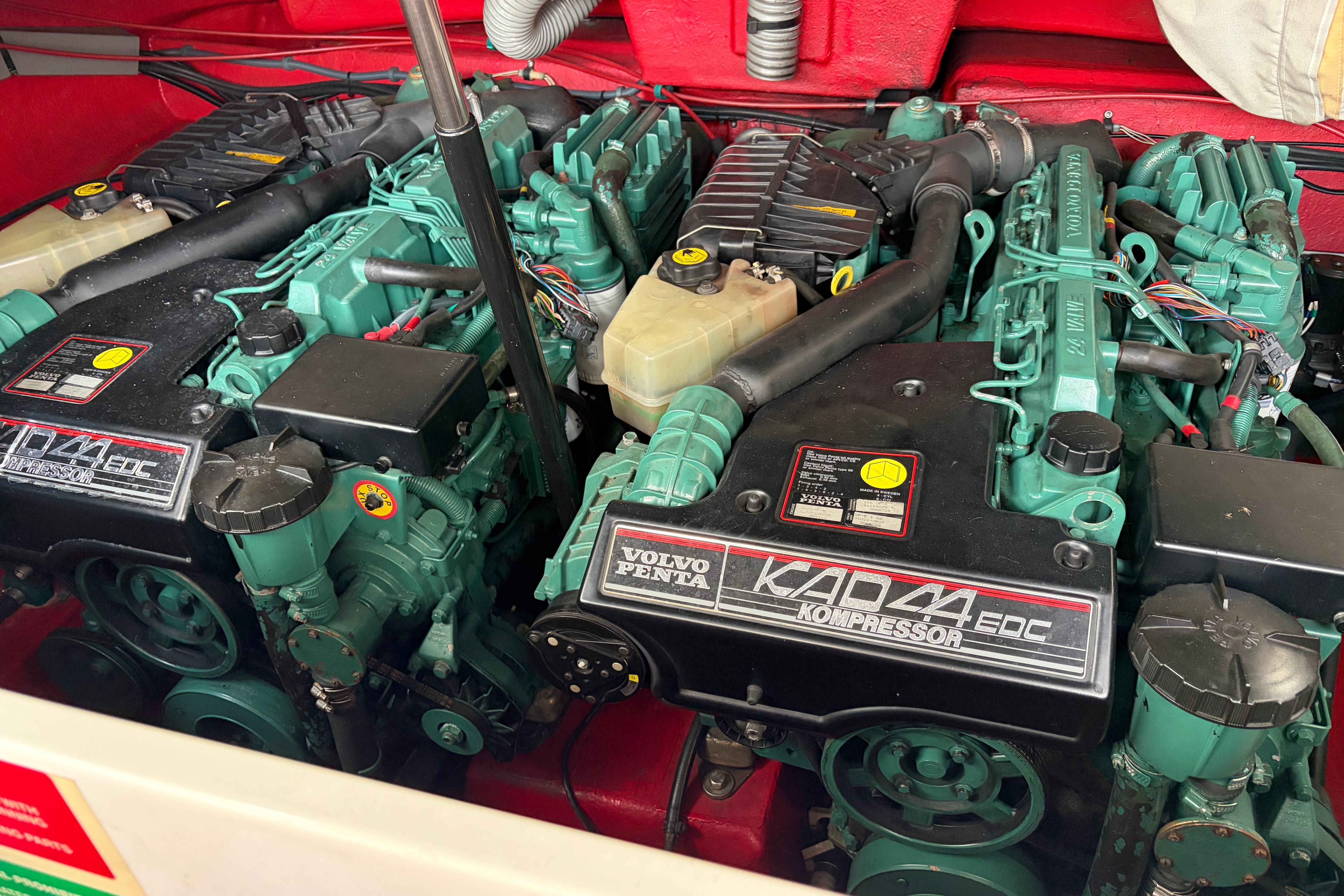 Engine compartment of a 2000 Sunseeker Superhawk 34 with Volvo Penta KAD44 EDC engines.