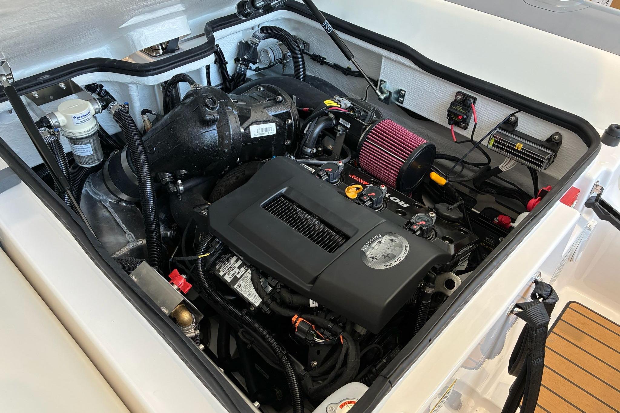Engine compartment of 2026 Williams Jet Tenders Sportjet 435, showcasing detailed mechanical components.