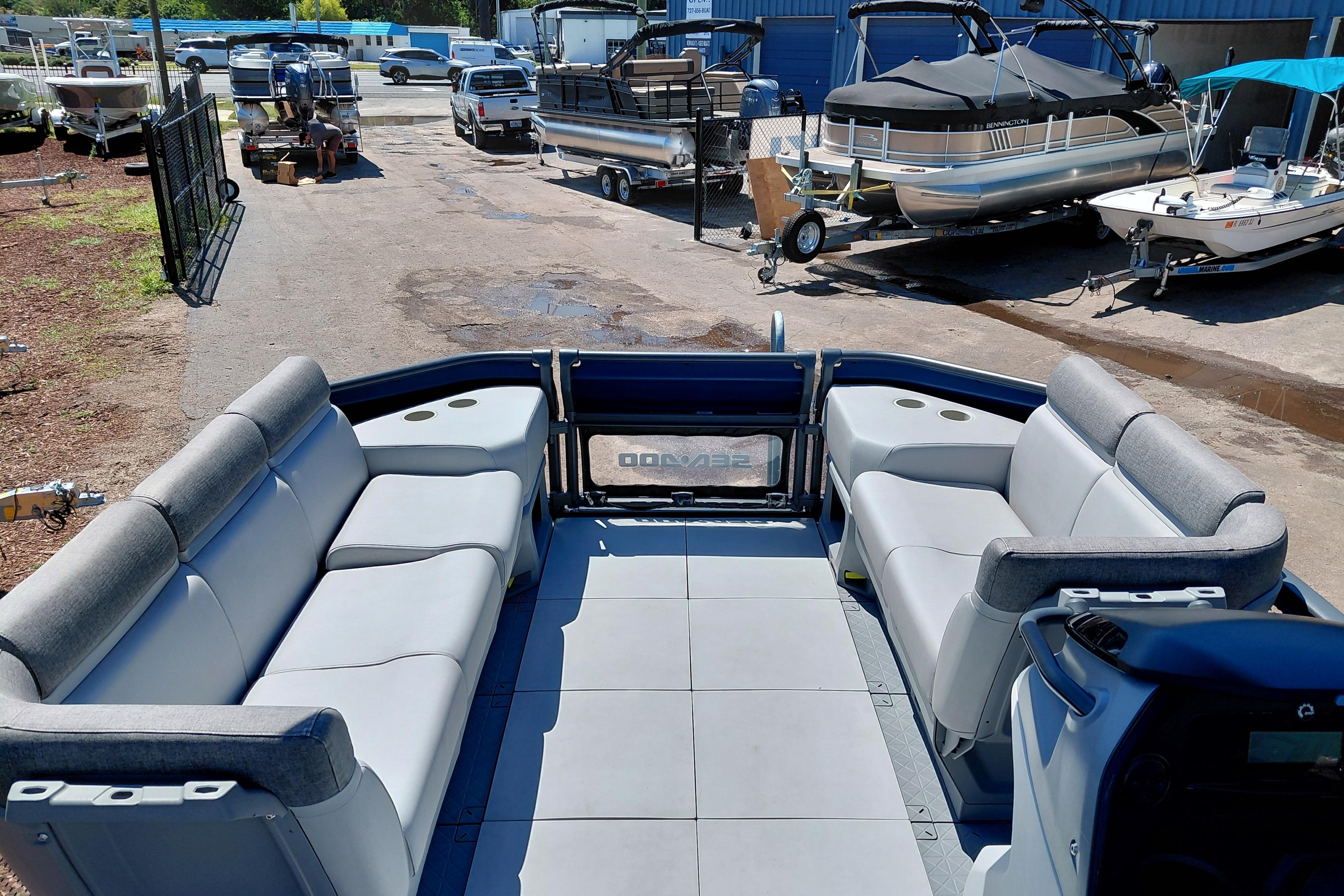 2024 Sea-Doo Switch Cruise 18 pontoon boat interior with spacious seating and modern design.