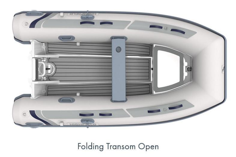 2025 Highfield CL340 inflatable boat with open folding transom, top view.