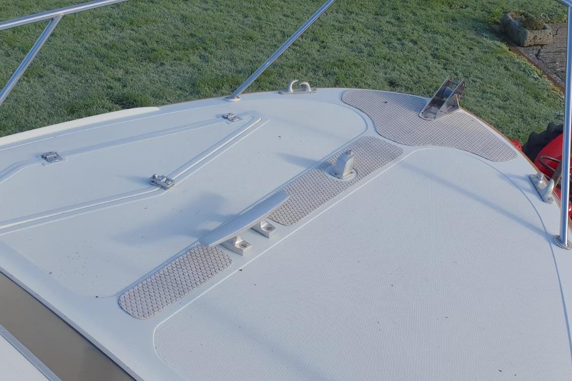 Bow deck of 1989 Fairey Spearfish MKIII boat with stainless steel fittings.