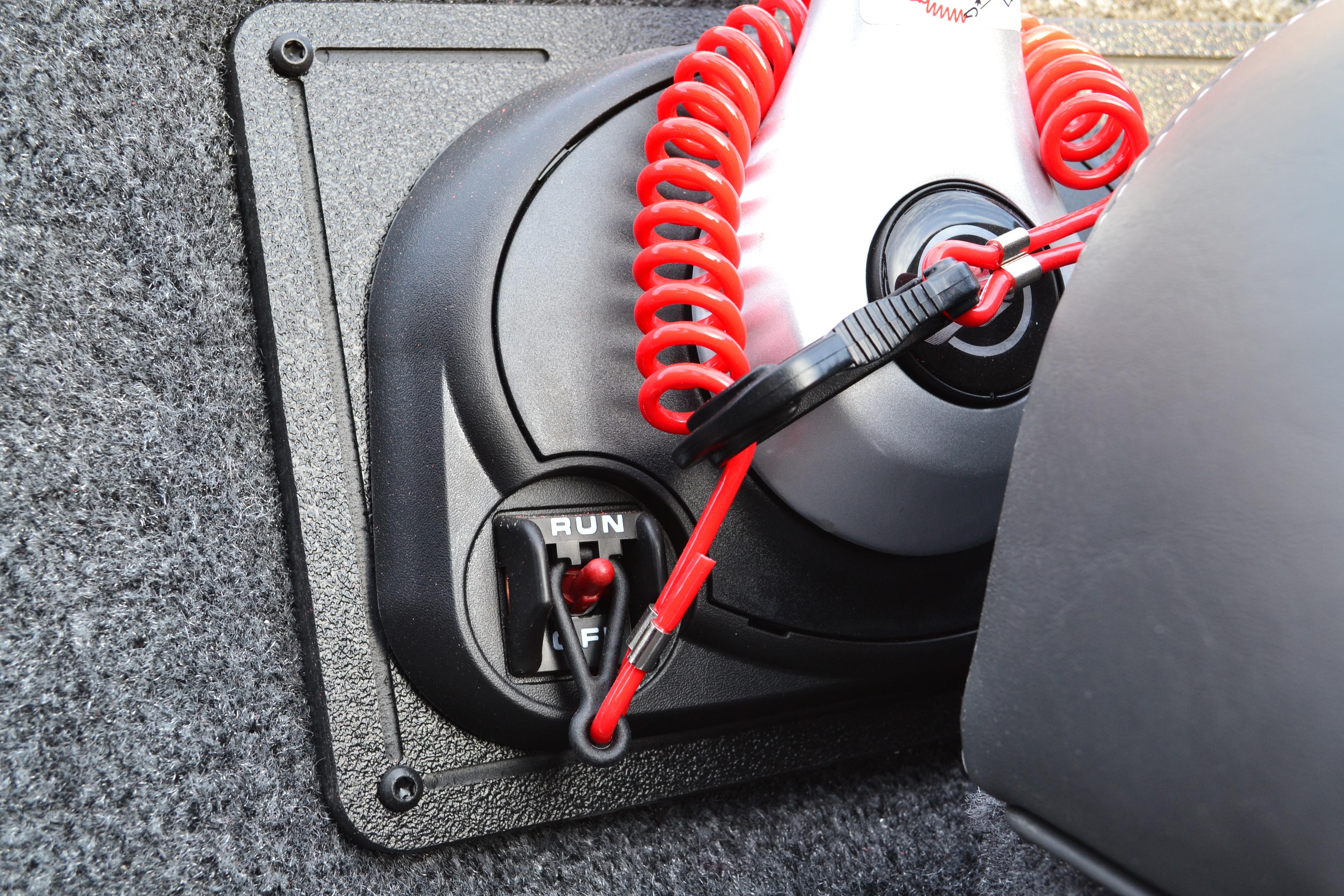 Close-up of 2026 Ranger RT188 boat ignition switch with red safety cord.