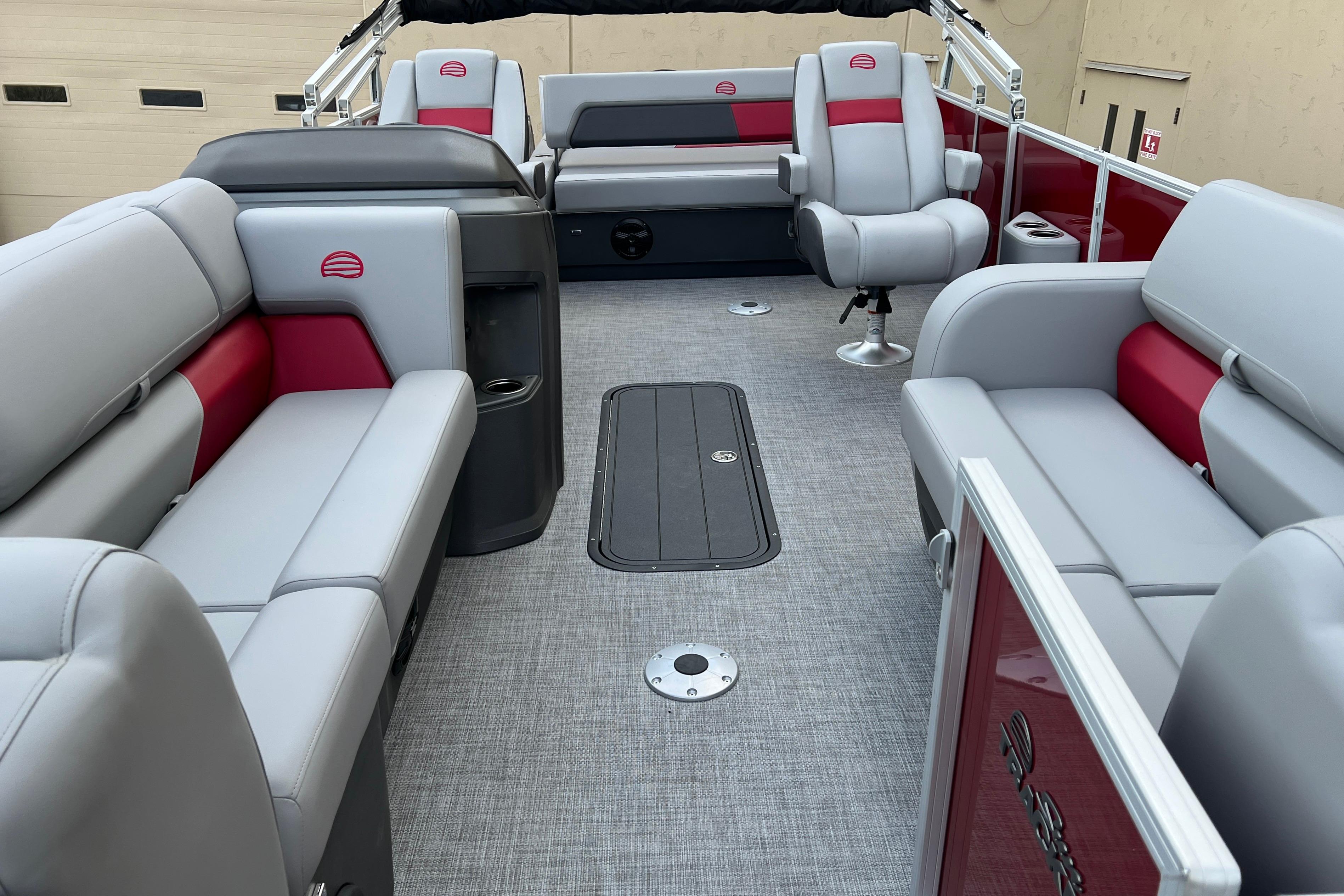 Interior of 2026 Sun Tracker Party Barge 22 RF XP3 with spacious seating and modern design.