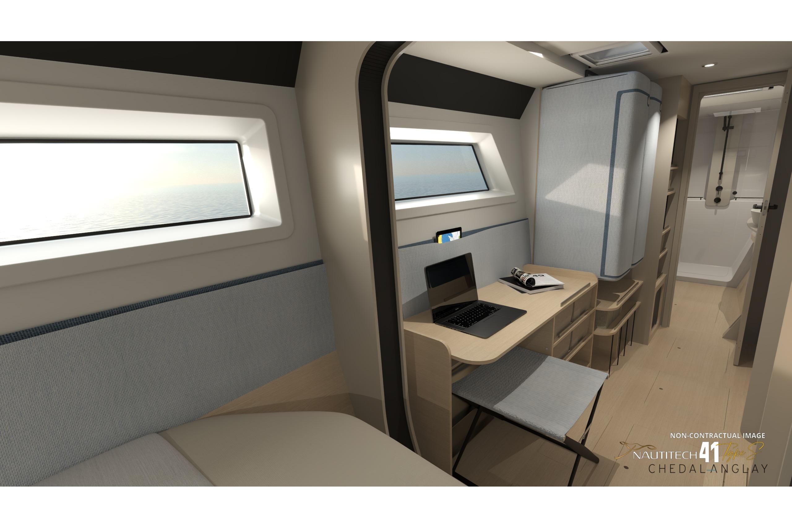 Interior of Nautitech 41 Type S 2026 with desk and window.