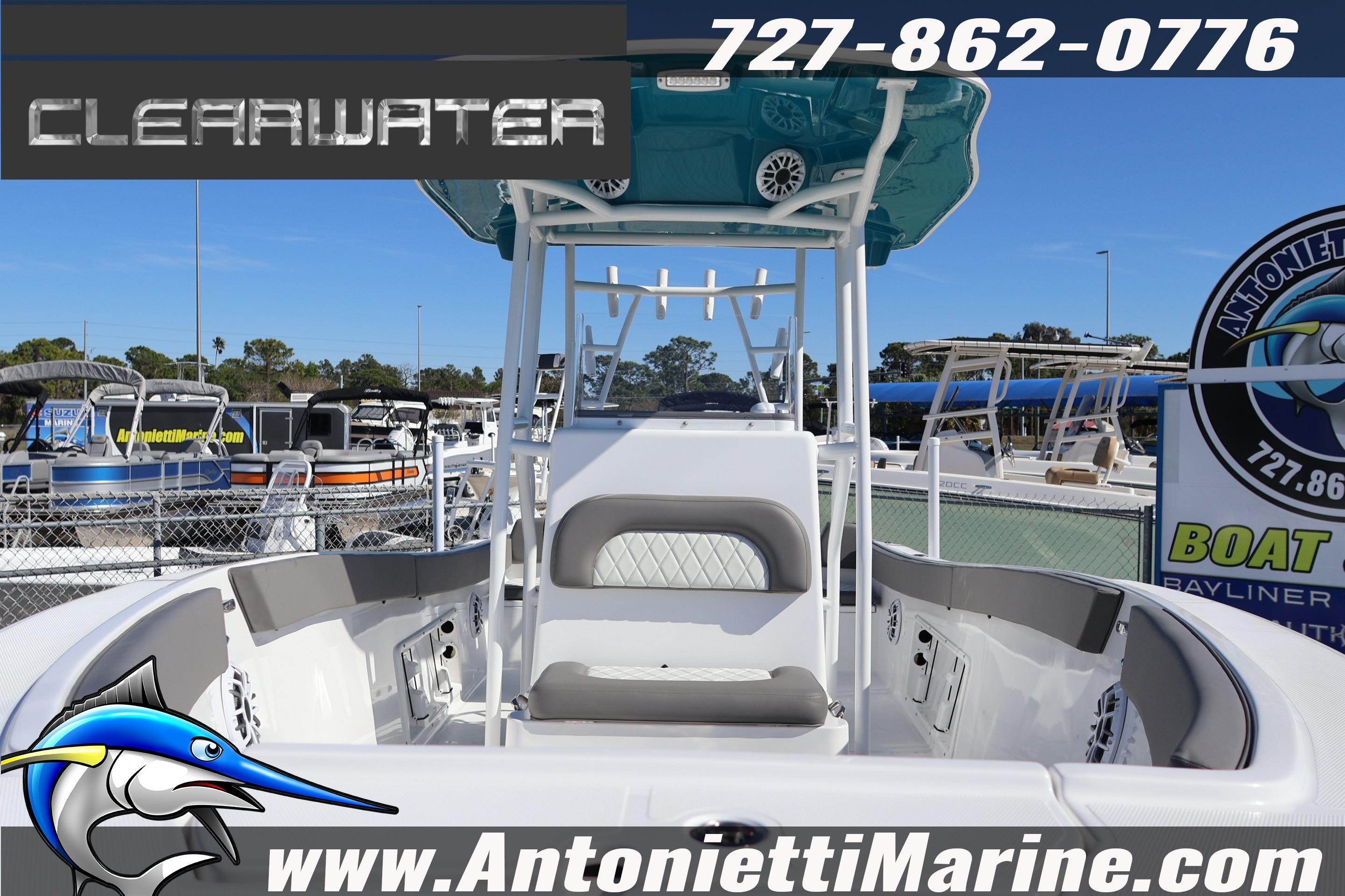 Clearwater 2300 boat at Antonietti Marine dealership, showcasing sleek design and modern features.