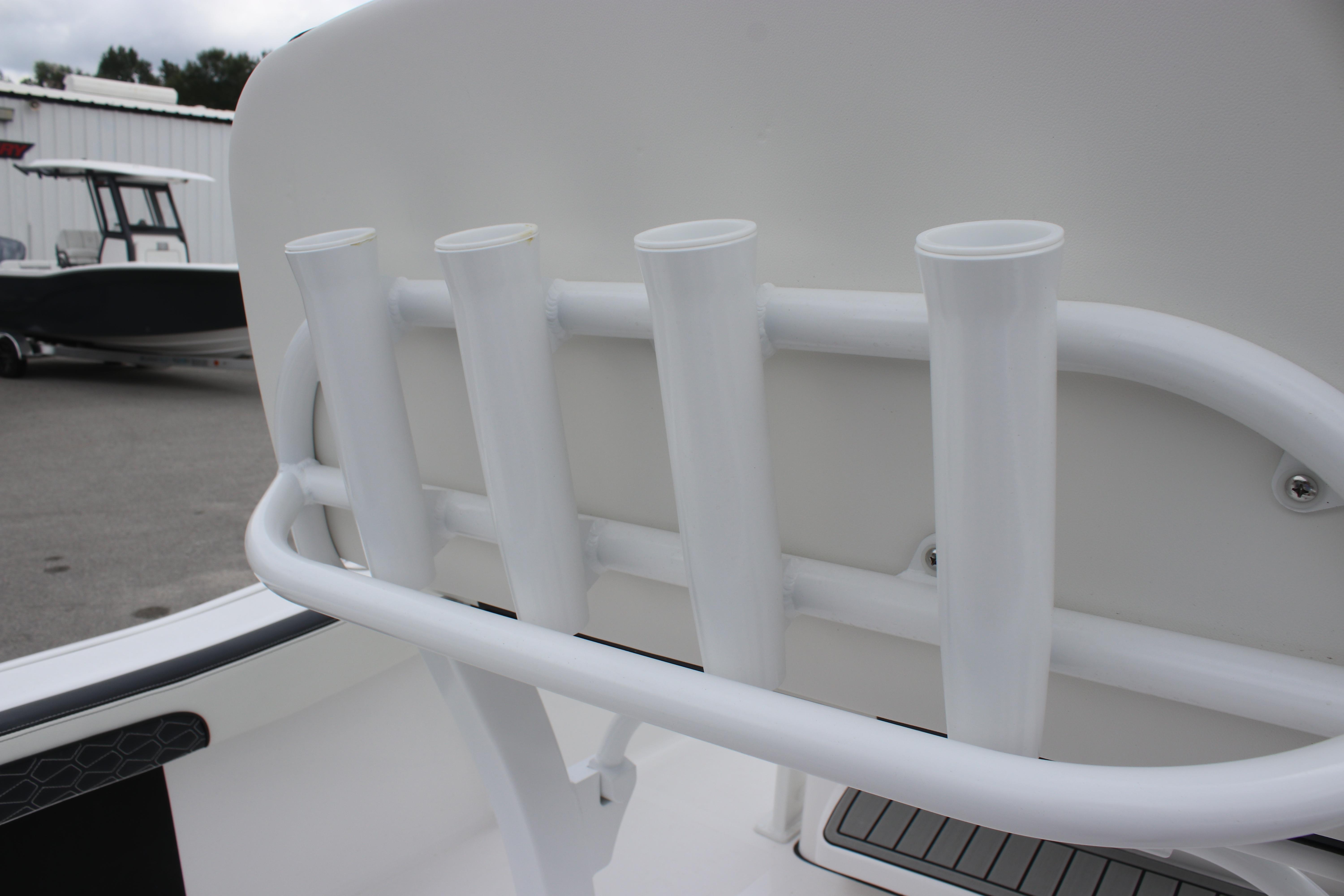Rod holders on a 2026 Tidewater 198 CC Adventure boat, showcasing sleek design.