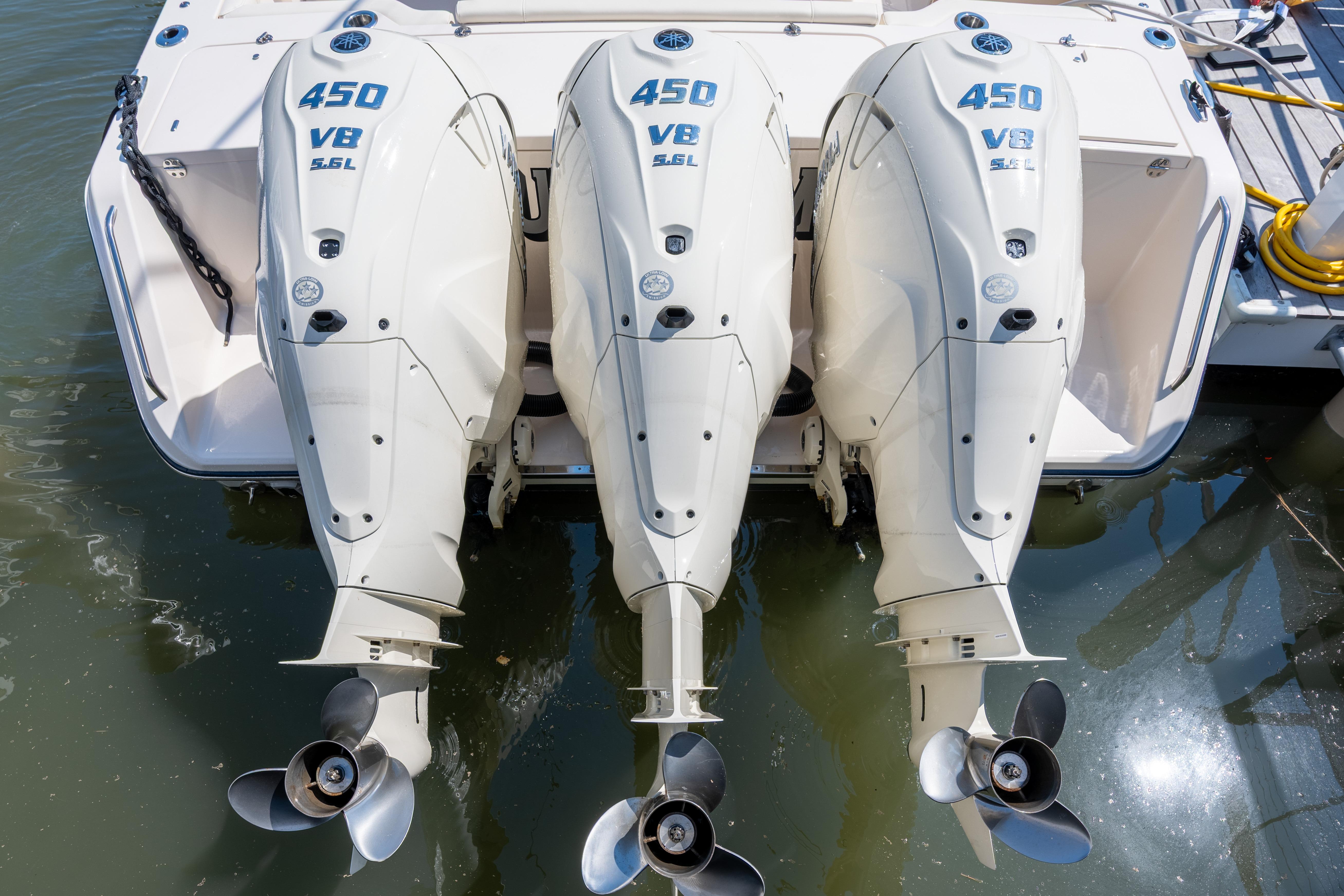 Triple 450 V8 outboard engines on a 2025 Grady-White Canyon 386 boat.