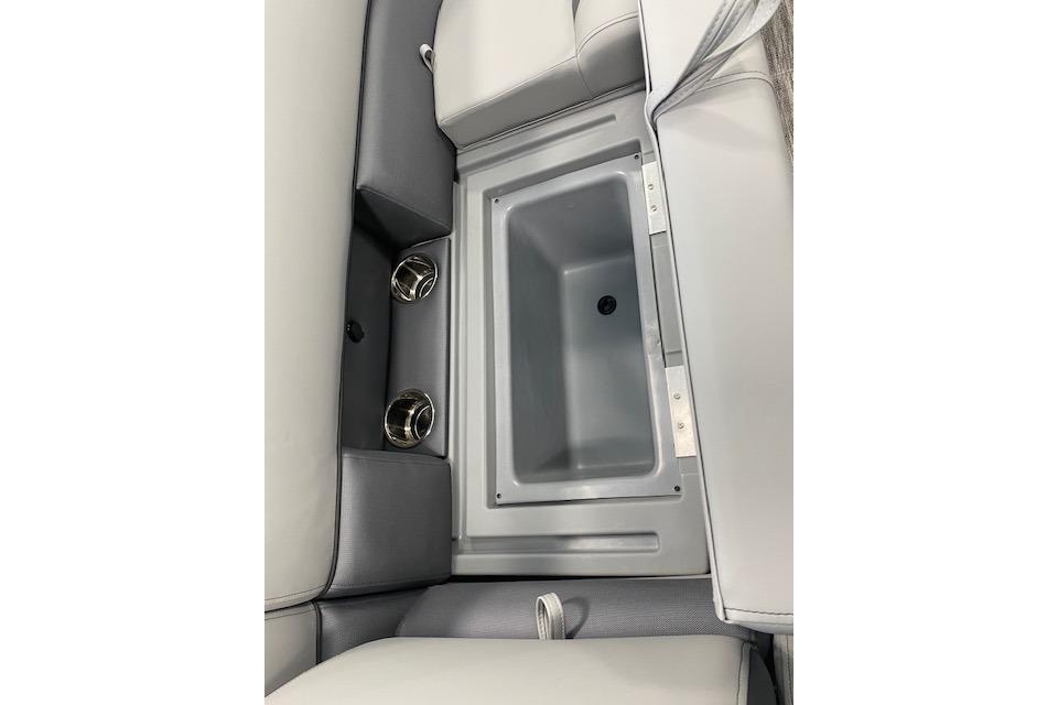 Interior of 2026 Bentley Pontoons Legacy 223 Swingback with built-in storage compartment.