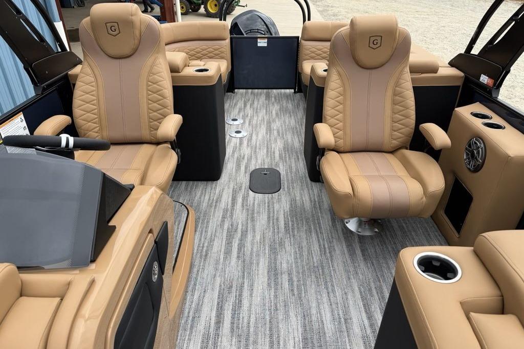Luxurious interior of 2026 Godfrey Monaco 235 SFLC iMPACT pontoon boat with plush seating.