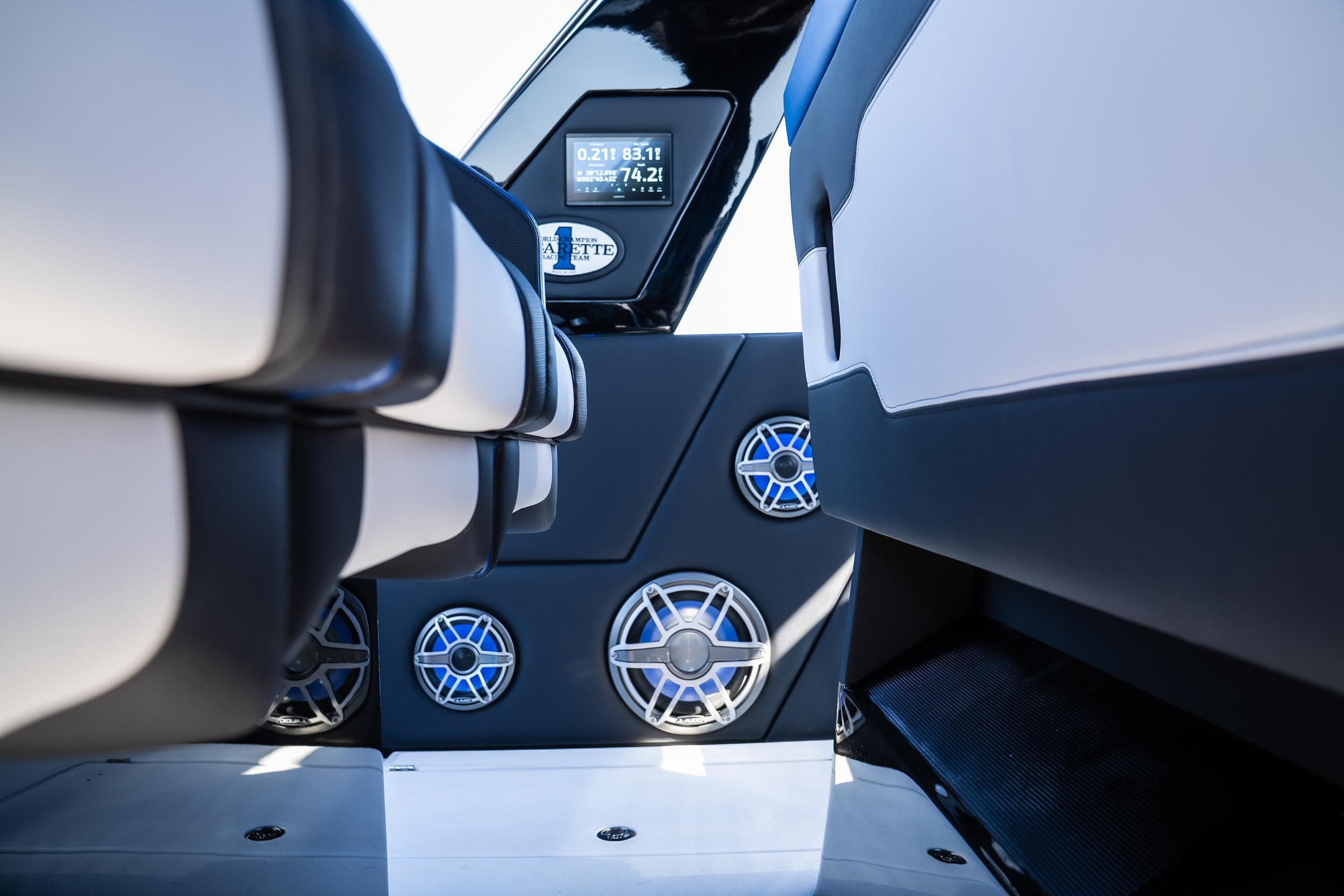 Interior of 2025 Cigarette 42 Auroris boat with modern audio system and seating.