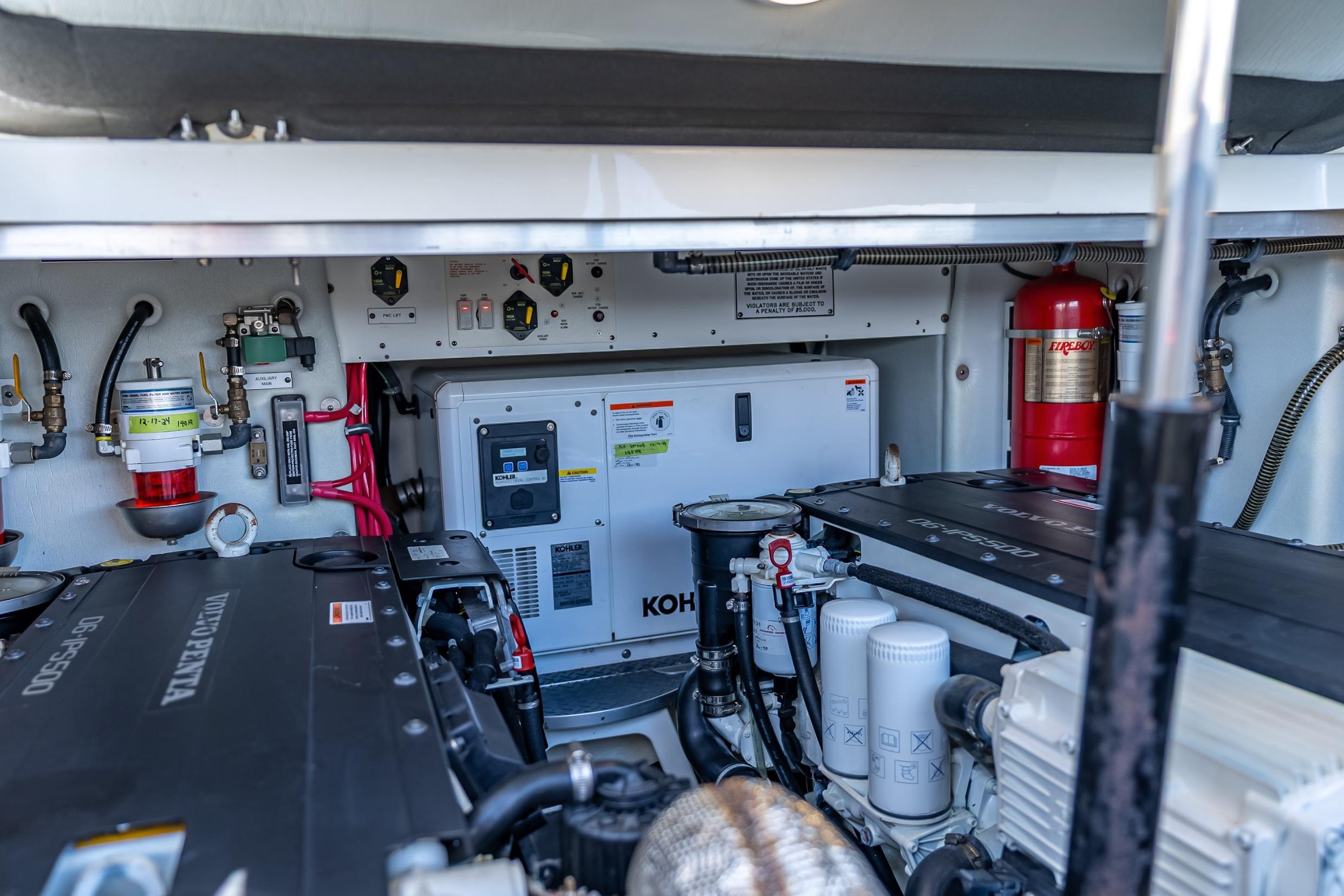 Engine room of 2022 Formula 40 Performance Cruiser with Kohler generator and Volvo Penta engines.