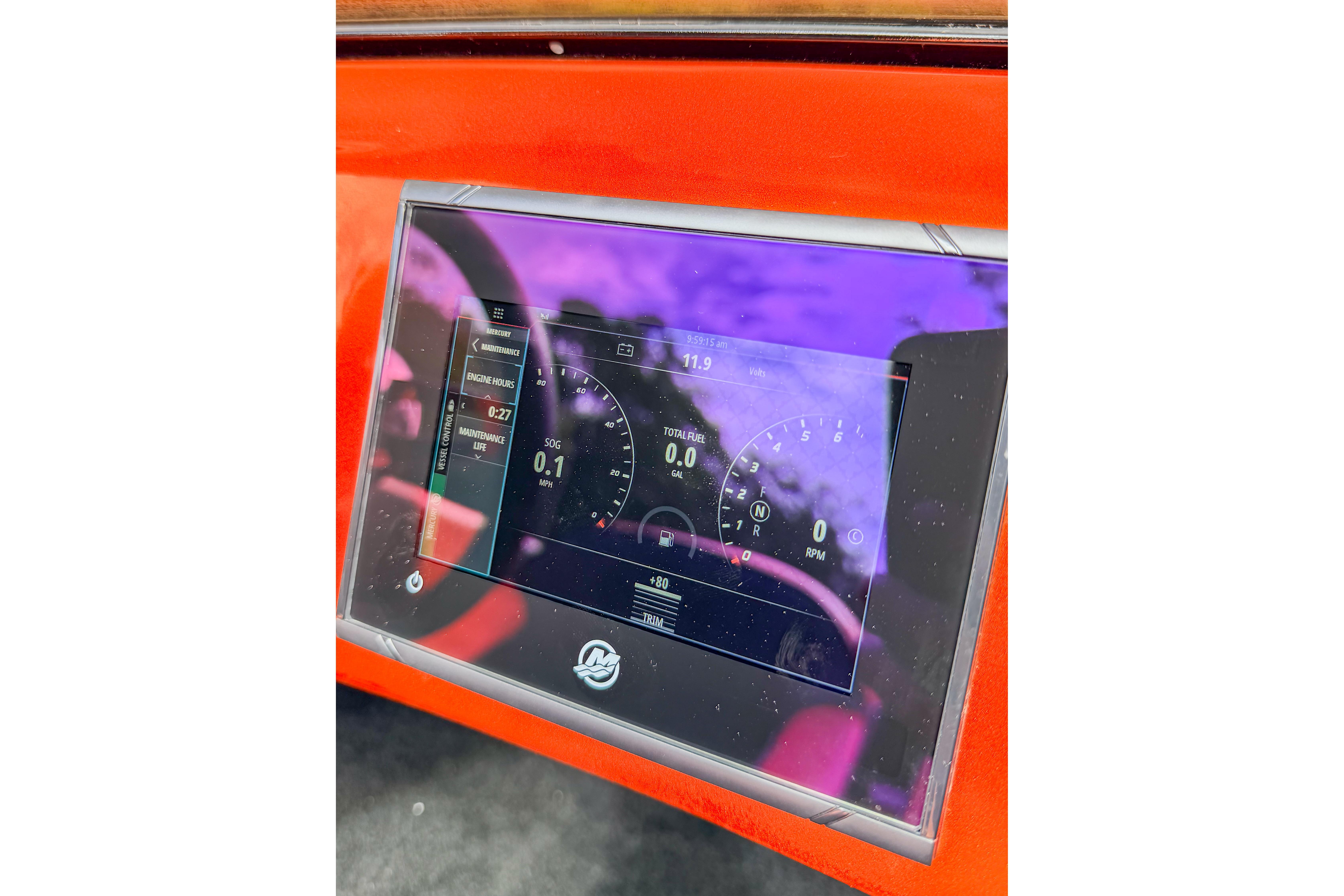 Dashboard of 1984 Sleekcraft Aristocrat 20 boat with digital display.