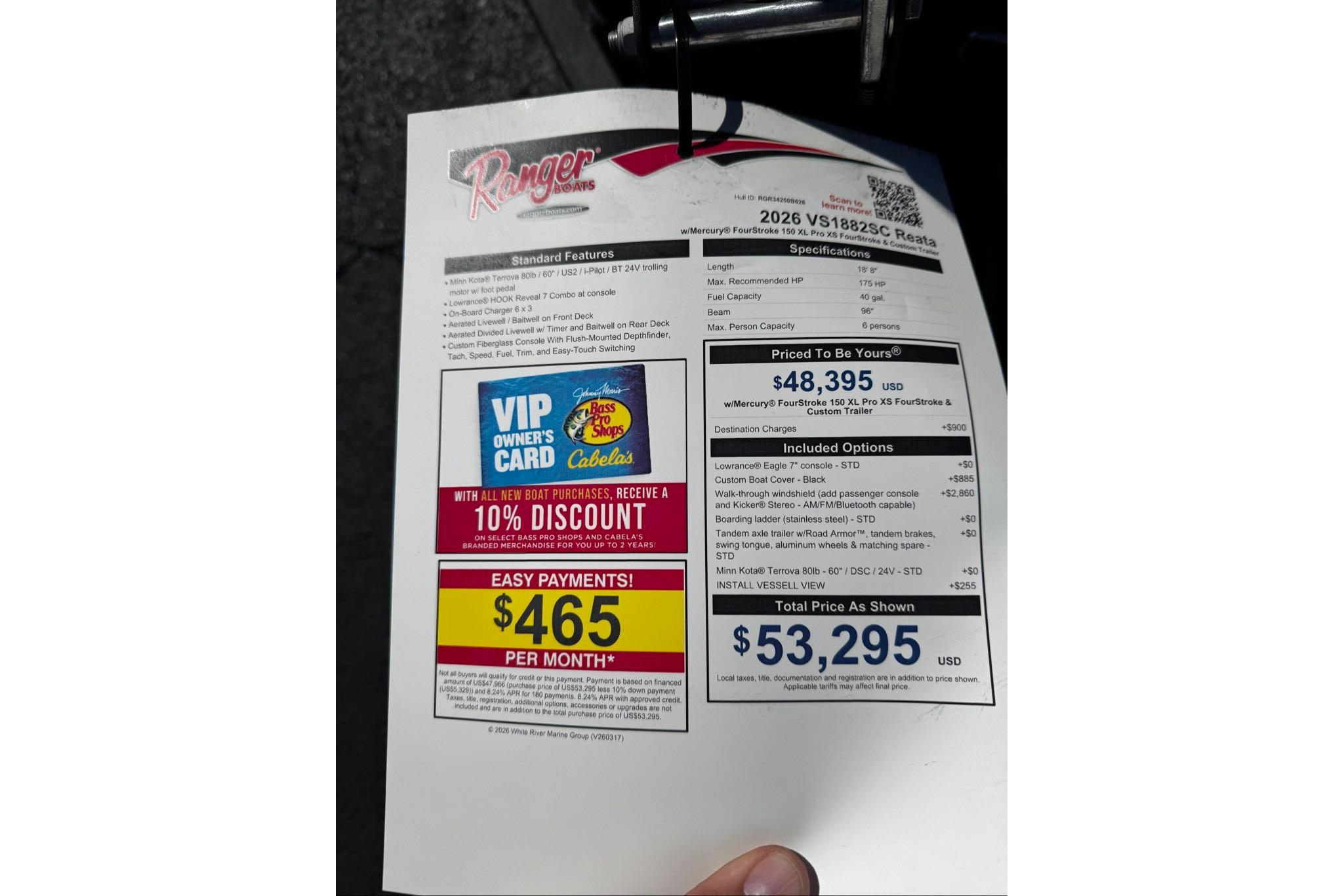 2026 Ranger VS1882SC Reata boat pricing sheet with specifications and payment options.