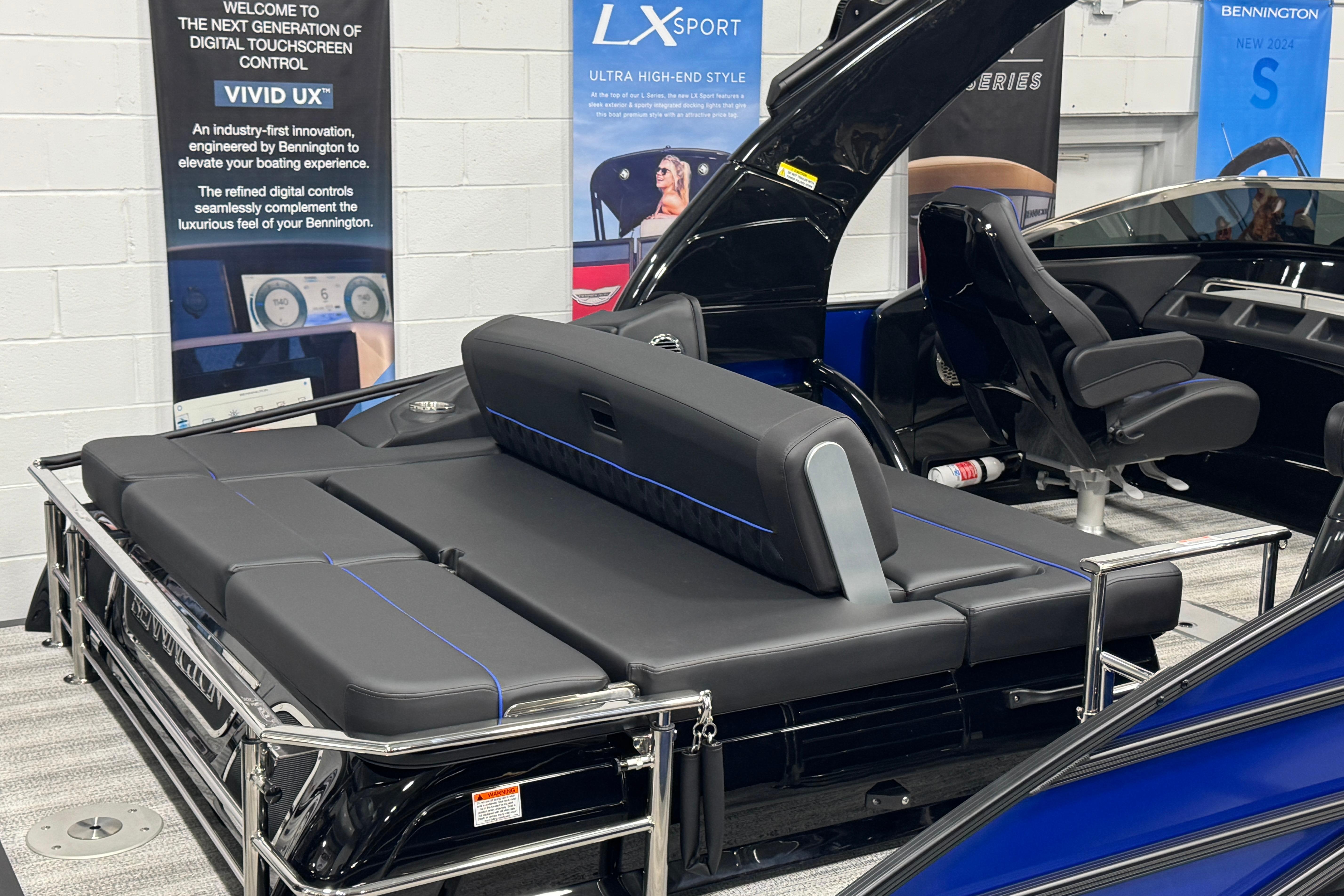 2026 Bennington 25 QSBWASE boat interior with luxurious seating and advanced digital controls.