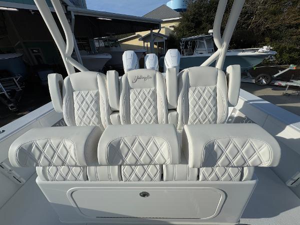 2025 Yellowfin 39 Offshore boat with luxurious white diamond-stitched seating.