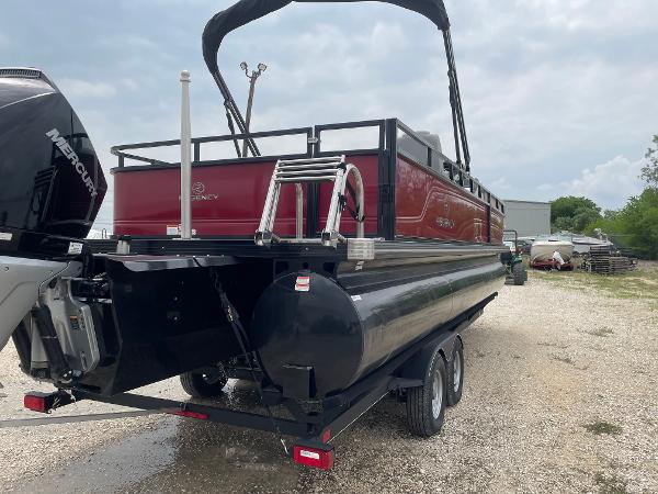 2023 Regency 250DL3 pontoon boat on trailer, featuring a sleek red and black design.