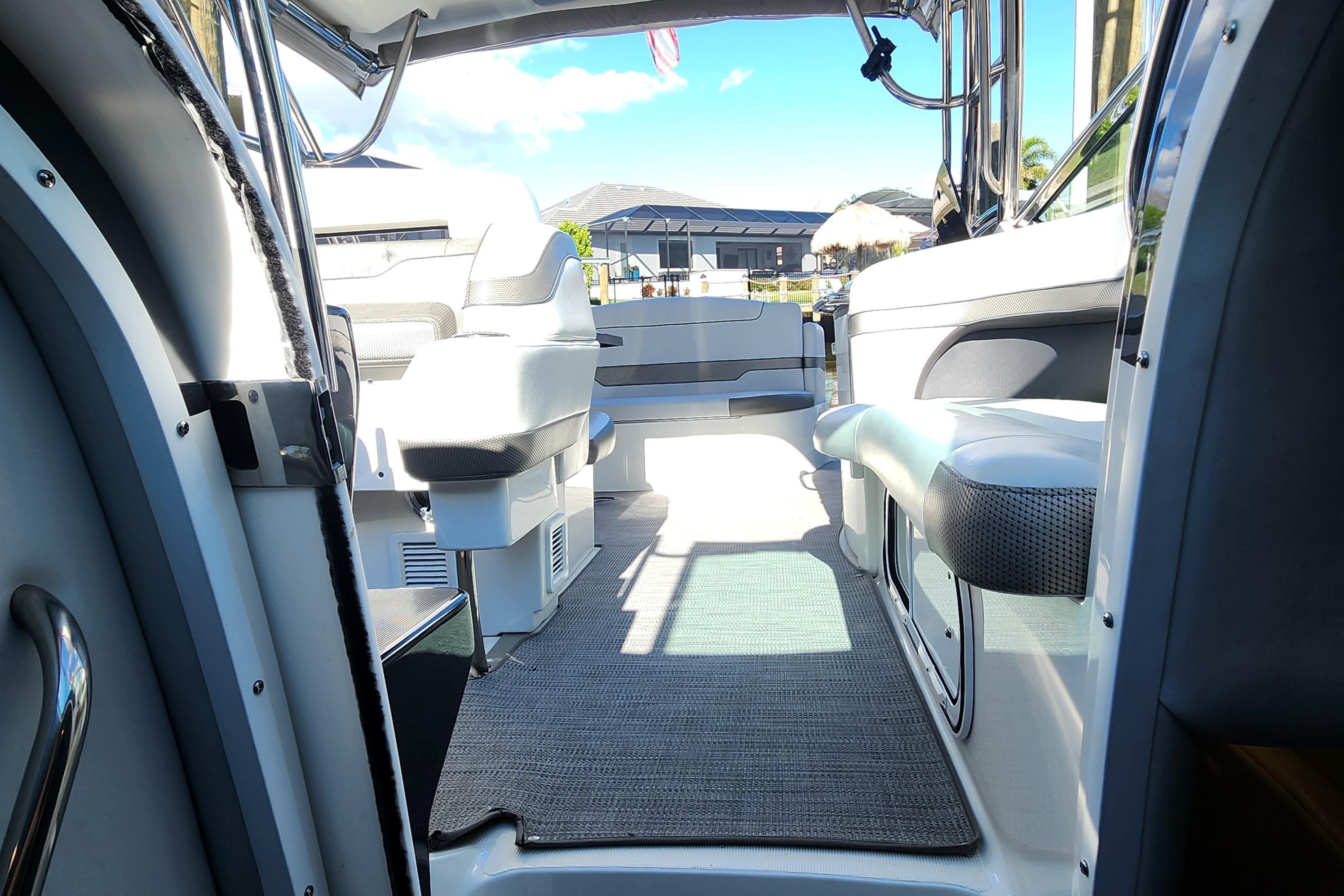 Interior view of 2017 Formula 370 Super Sport boat, featuring sleek seating and modern design.