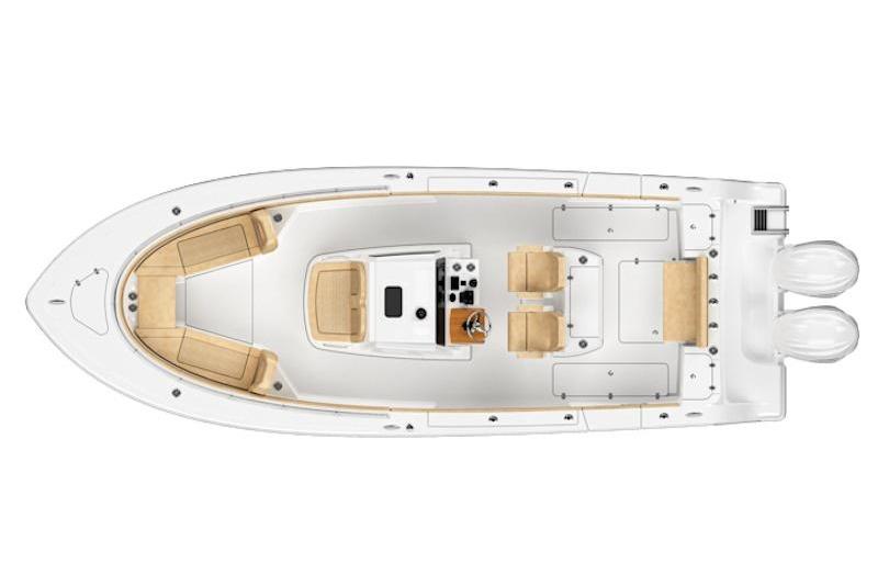 2026 Sportsman Open 282 Center Console boat, top view, featuring dual engines and spacious seating.