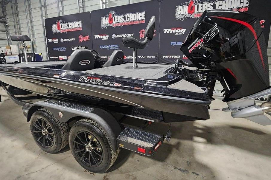 2026 Triton 20XP Patriot boat on display with powerful engine and sleek design.