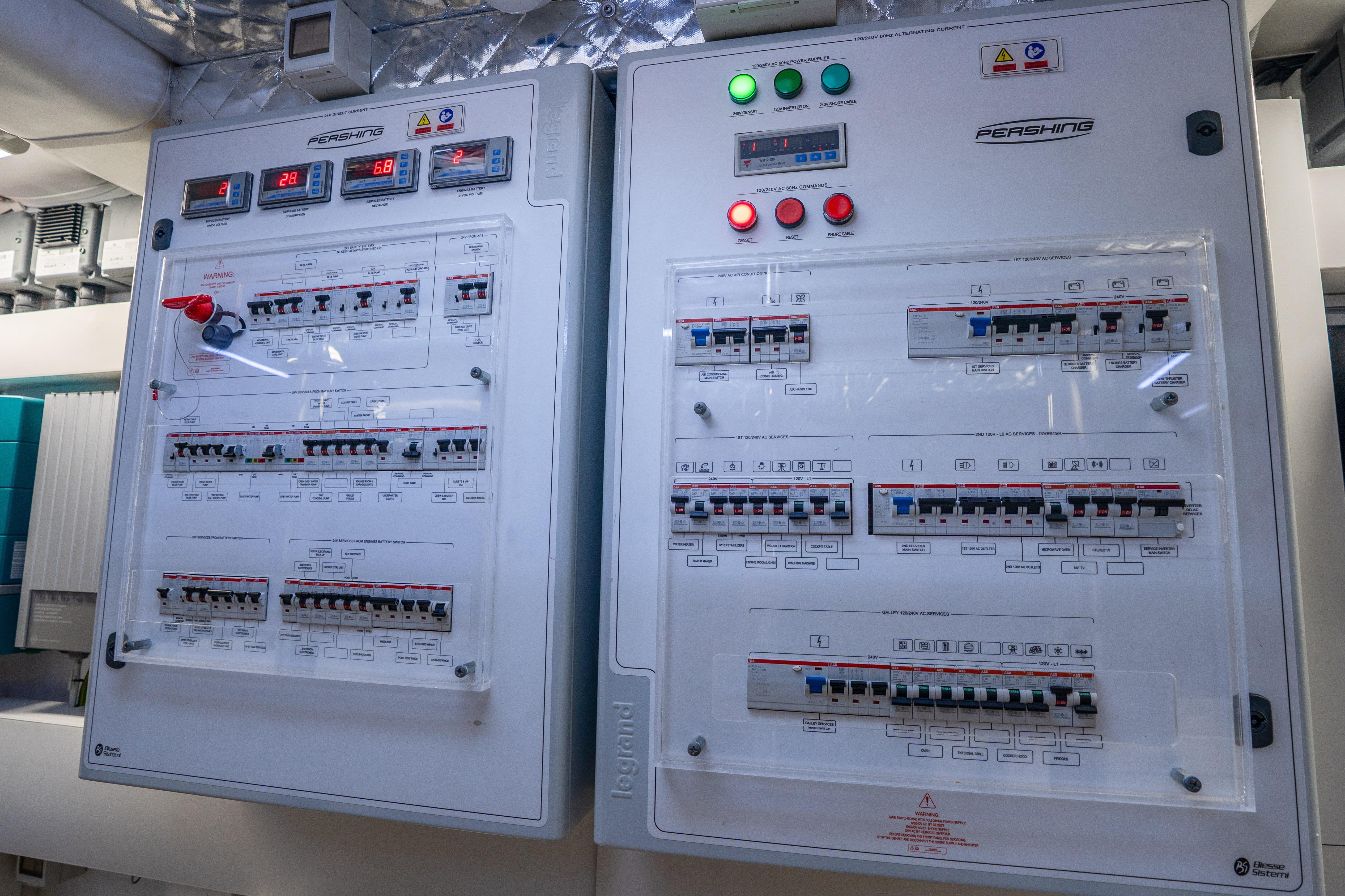 Electrical control panels on a 2024 Pershing 7X yacht, featuring switches and indicators.