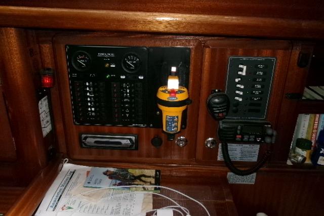 Control panel of a 2000 Bavaria Yachts sloop with navigation and communication equipment.