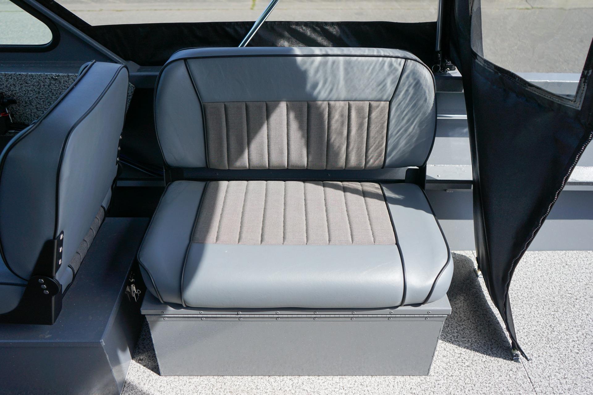 2026 Alumaweld Talon 18 boat seat, featuring gray and black upholstery.